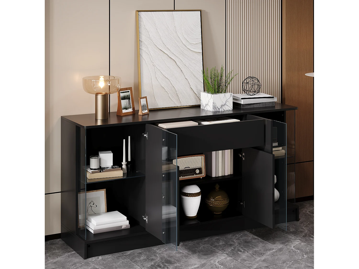 Laag dressoir met 4 deuren (2 van glas), 1 lade en ledverlichting - Spaanplaat - 150 x 40 x 75 cm - Zwart