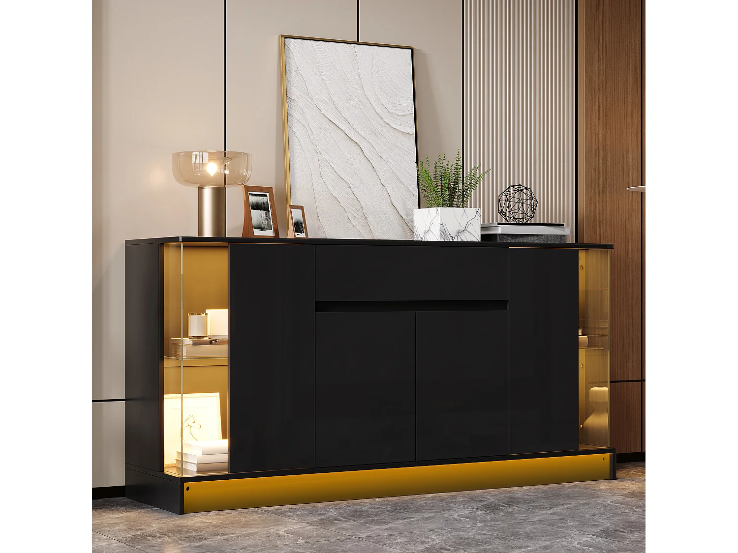Laag dressoir met 4 deuren (2 van glas), 1 lade en ledverlichting - Spaanplaat - 150 x 40 x 75 cm - Zwart
