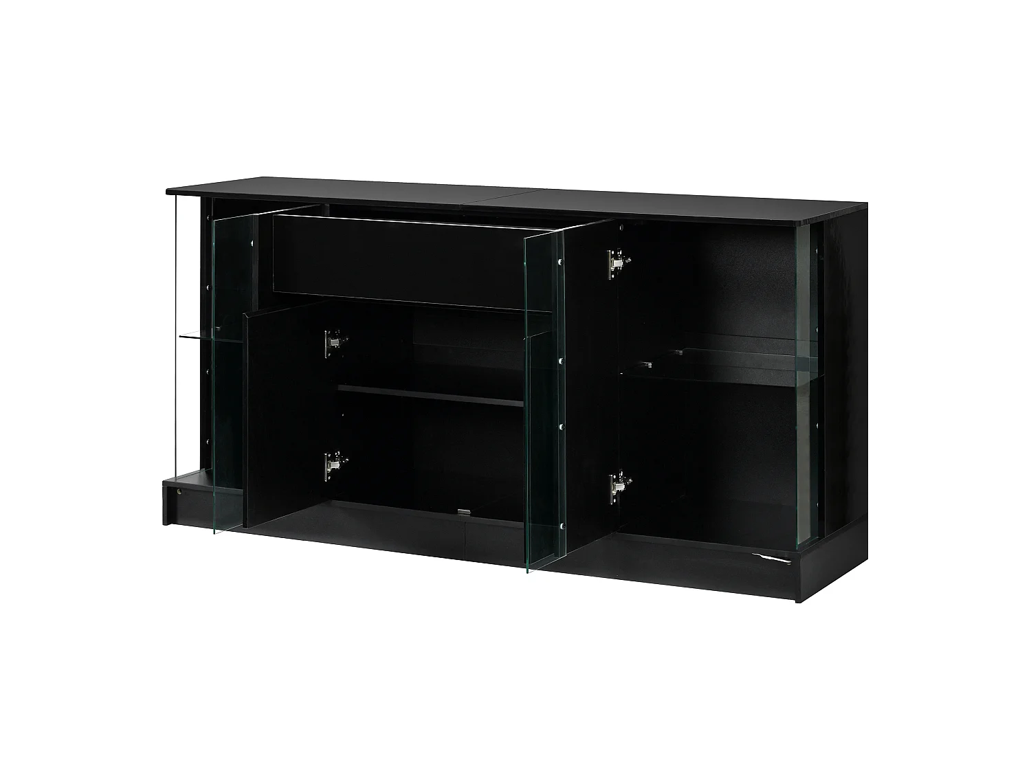 Laag dressoir met 4 deuren (2 van glas), 1 lade en ledverlichting - Spaanplaat - 150 x 40 x 75 cm - Zwart