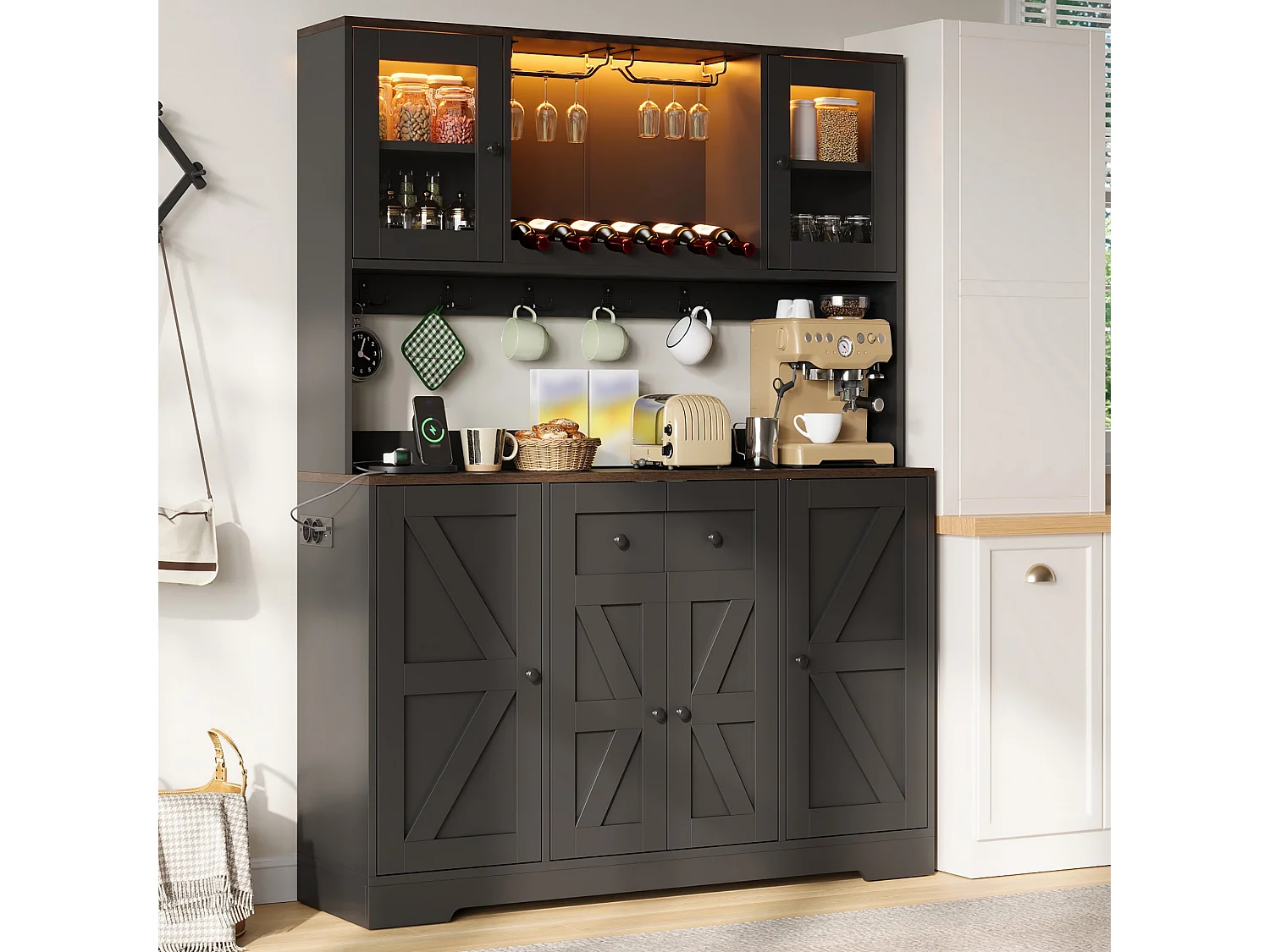 Kitchen sideboard with 6 doors, wine racks, glass holders, power outlets and USB ports, LED lighting - MDF and particleboard - 140x40x173 cm - Black
