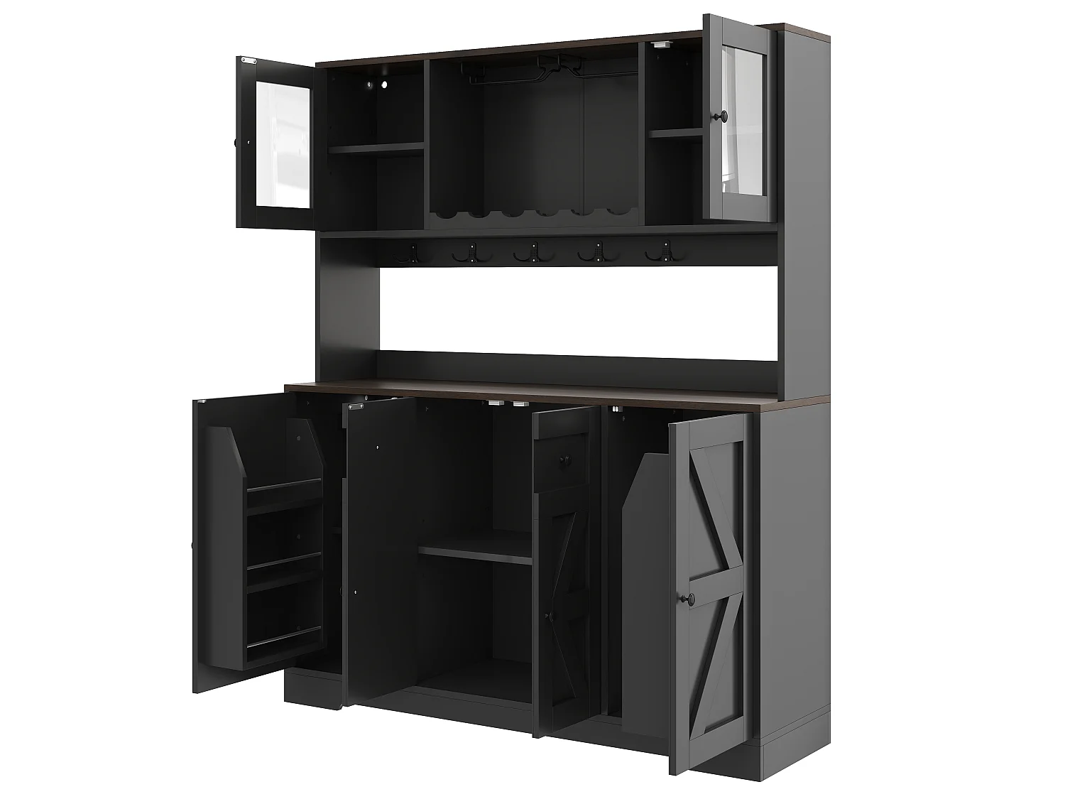 Kitchen sideboard with 6 doors, wine racks, glass holders, power outlets and USB ports, LED lighting - MDF and particleboard - 140x40x173 cm - Black