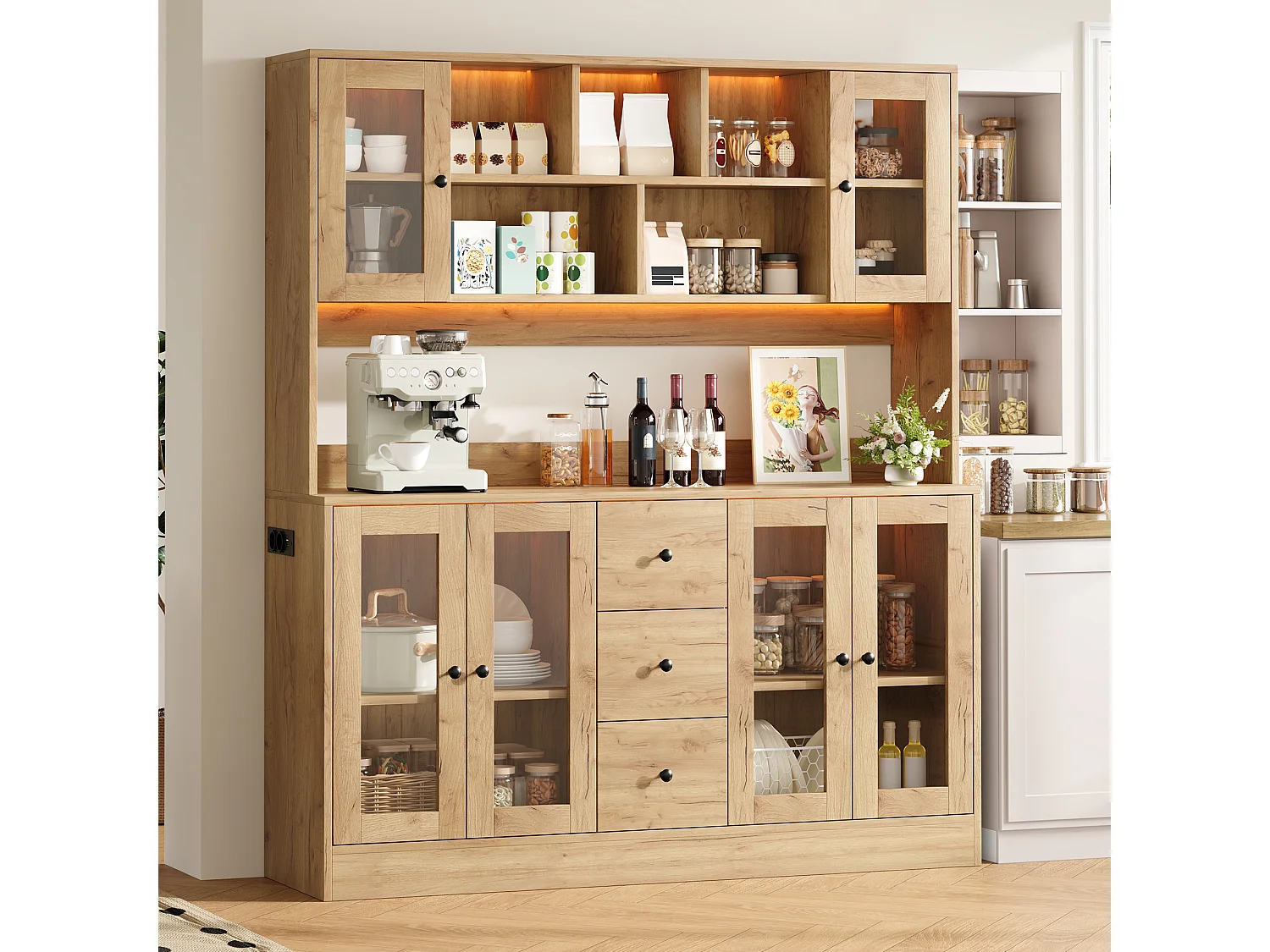 Kitchen sideboard with 3 drawers, 6 doors, RGB LED lighting, power outlets and USB ports - MDF and particleboard - 150 x 40 x 173 cm - Natural