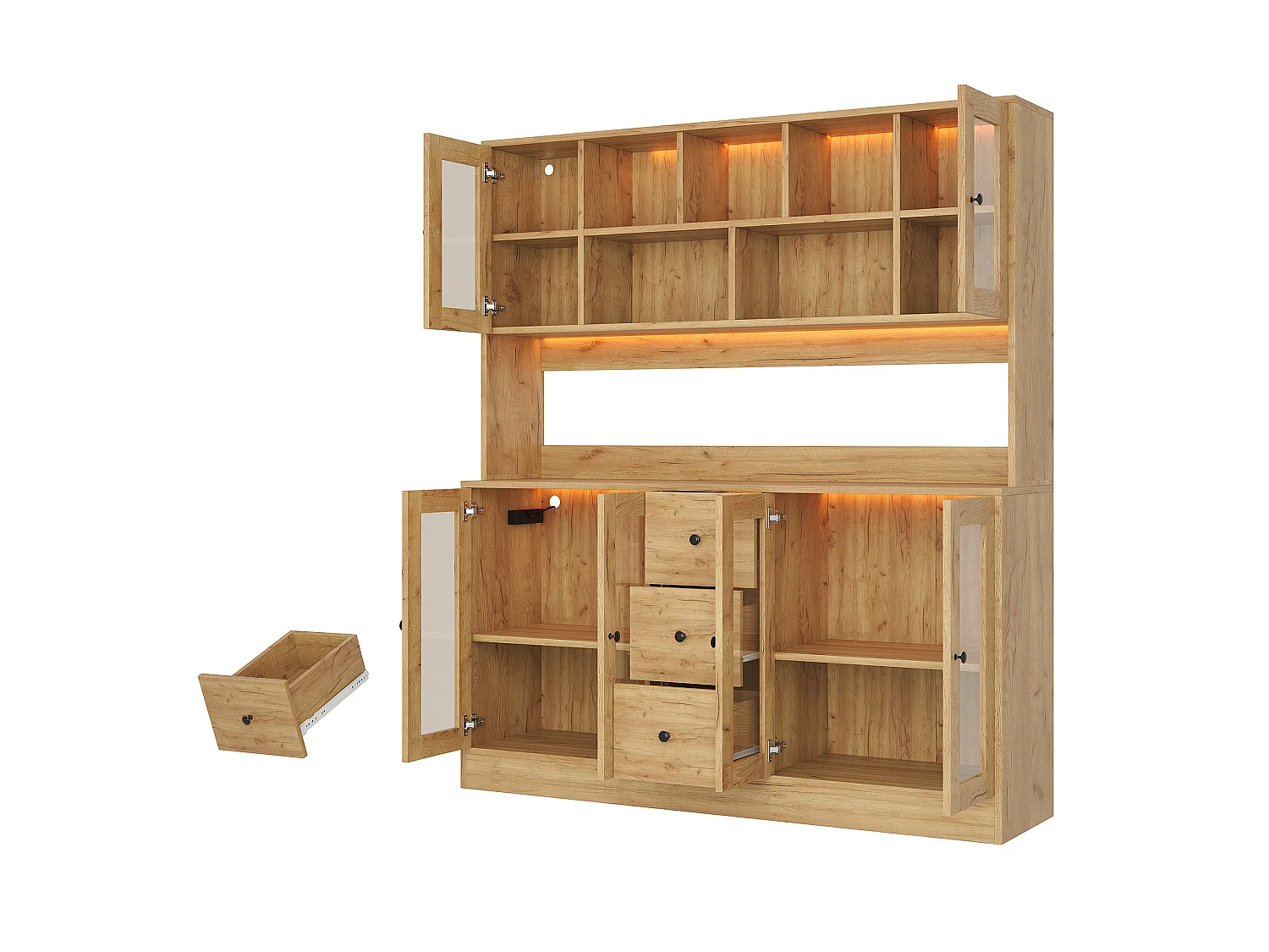 Kitchen sideboard with 3 drawers, 6 doors, RGB LED lighting, power outlets and USB ports - MDF and particleboard - 150 x 40 x 173 cm - Natural