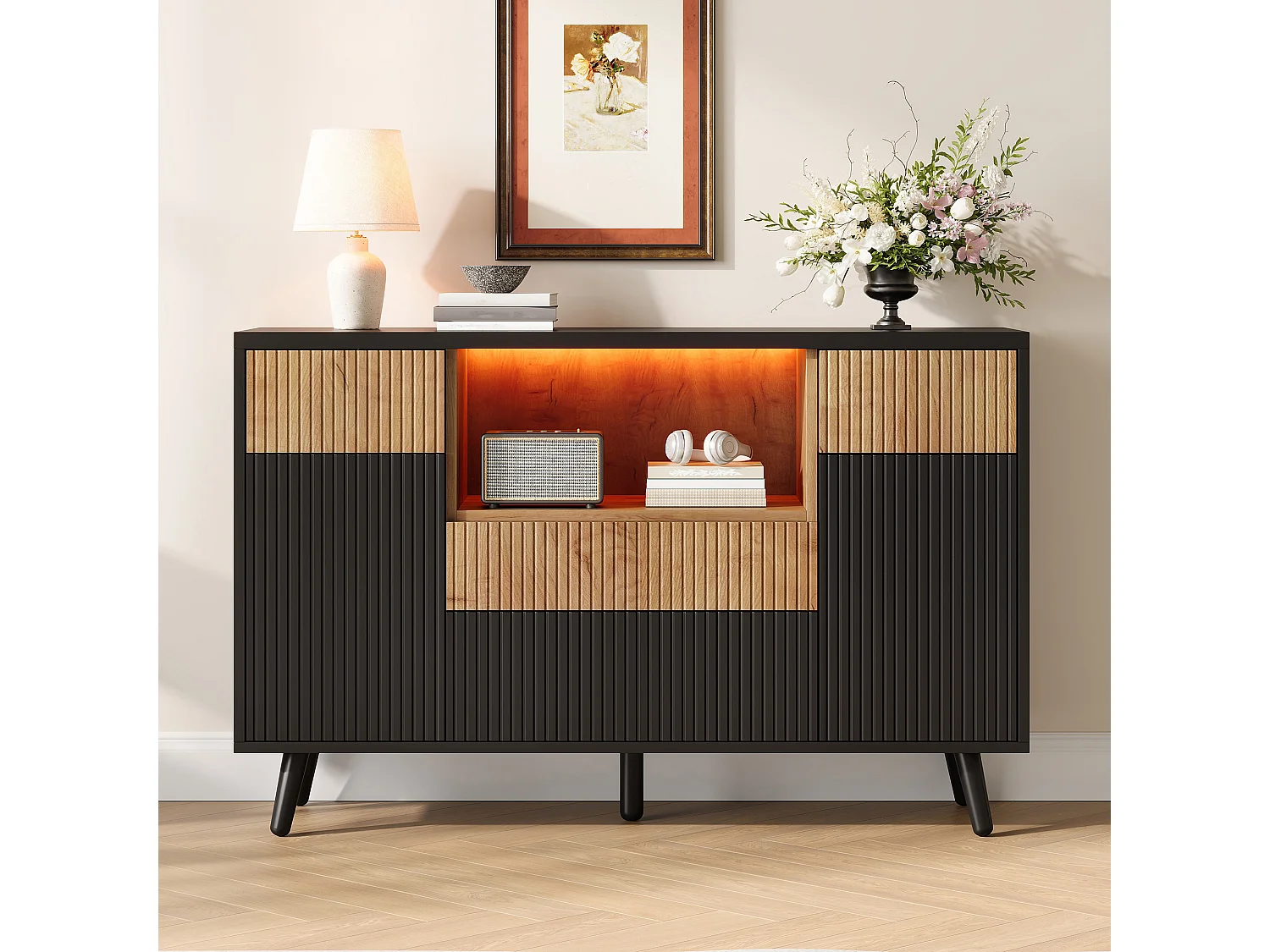 Sideboard with 4 drawers, 2 doors, adjustable shelves and RGB LED lighting - MDF - 130 x 38 x 85 cm - Black and wood effect