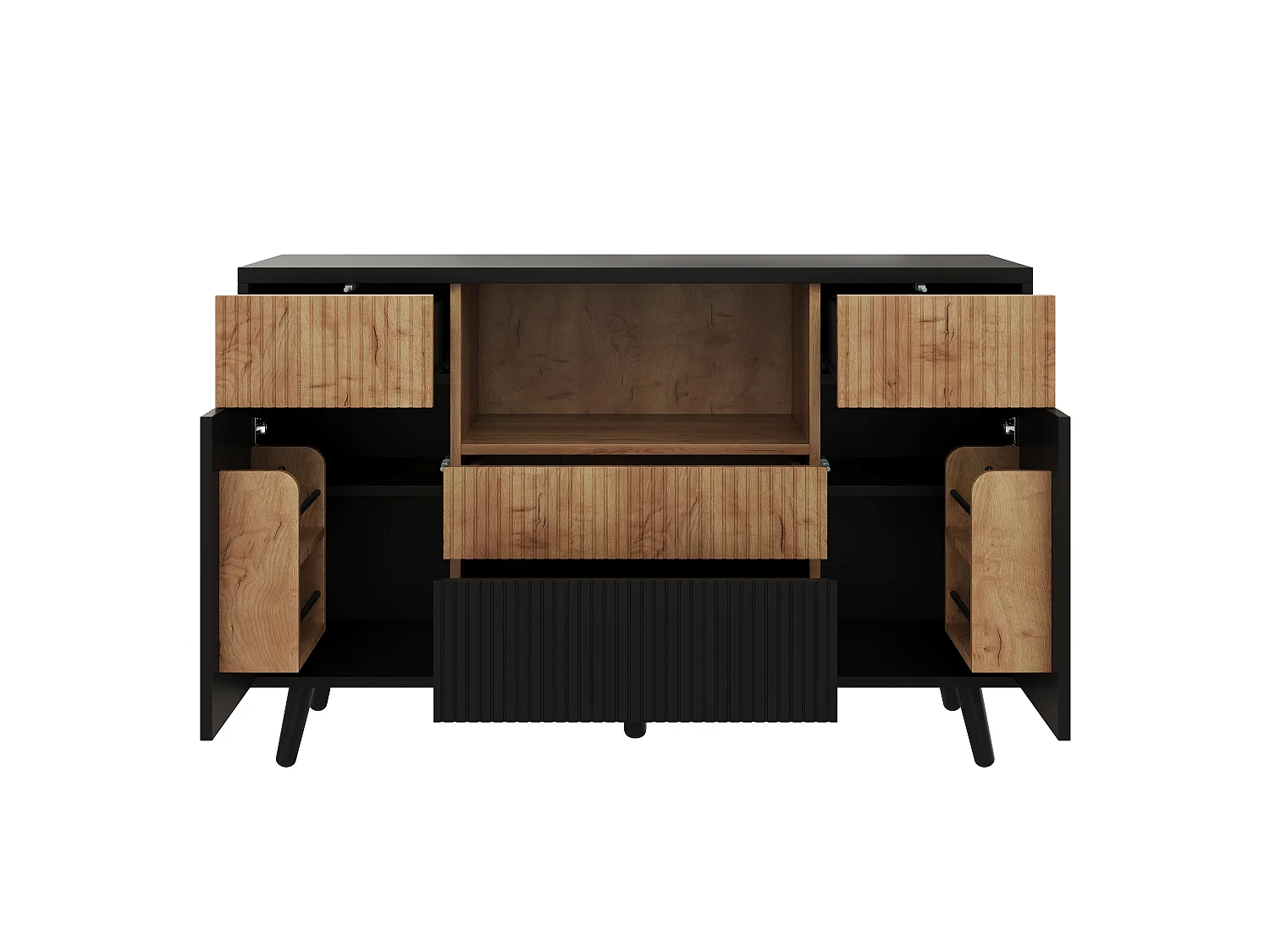 Sideboard with 4 drawers, 2 doors, adjustable shelves and RGB LED lighting - MDF - 130 x 38 x 85 cm - Black and wood effect