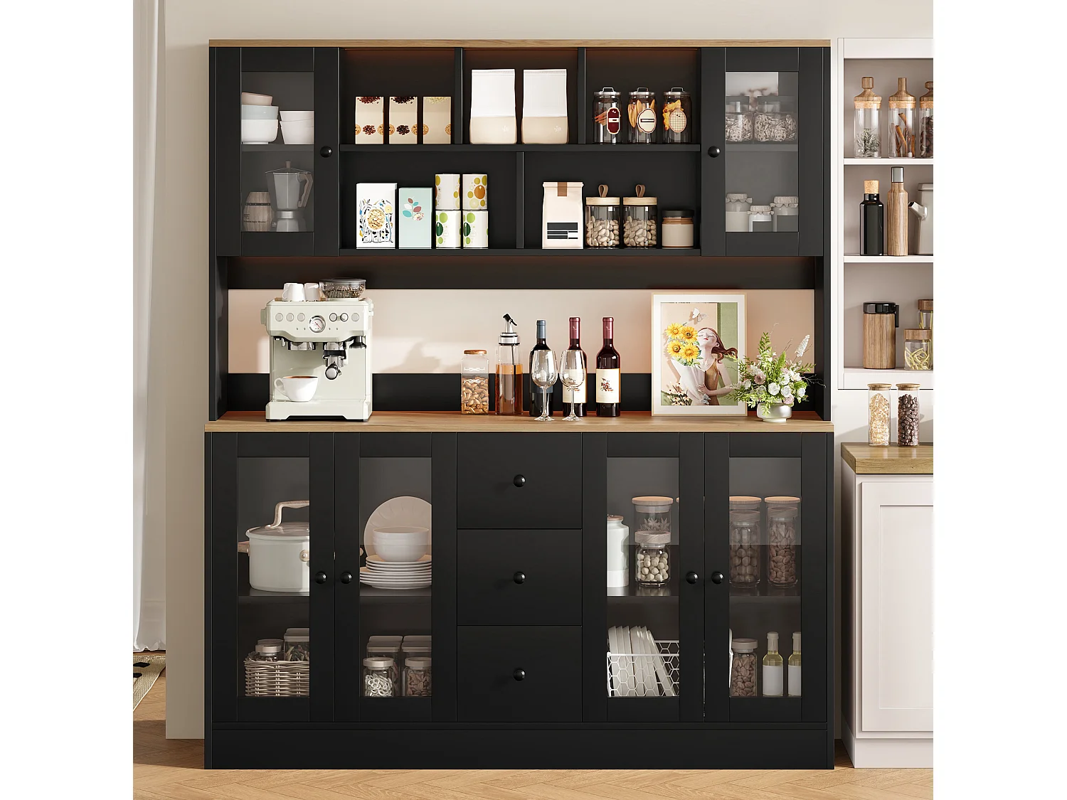 Keukendressoir met 3 lades, 6 deuren, RGB LED-verlichting, stopcontacten en USB-poorten - MDF en spaanplaat - 150 x 40 x 173 cm - Zwart