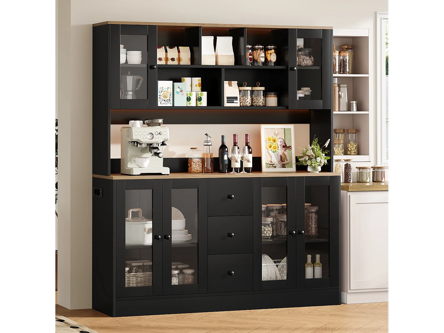 Keukendressoir met 3 lades, 6 deuren, RGB LED-verlichting, stopcontacten en USB-poorten - MDF en spaanplaat - 150 x 40 x 173 cm - Zwart
