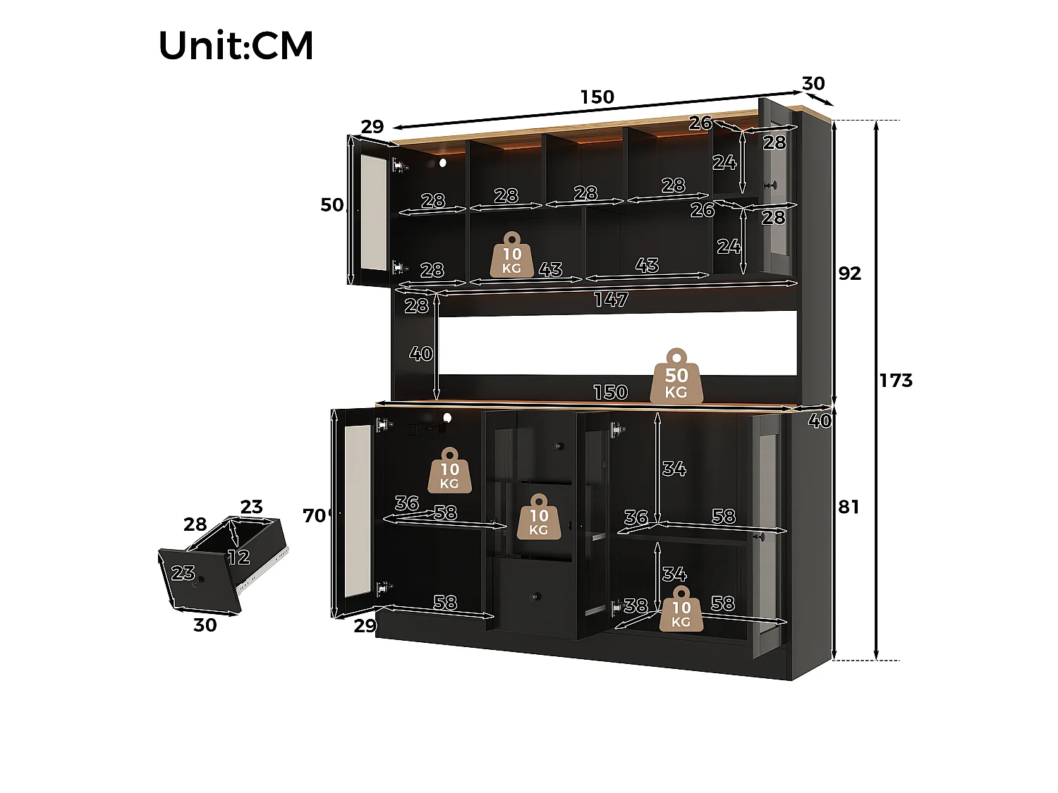 Keukendressoir met 3 lades, 6 deuren, RGB LED-verlichting, stopcontacten en USB-poorten - MDF en spaanplaat - 150 x 40 x 173 cm - Zwart