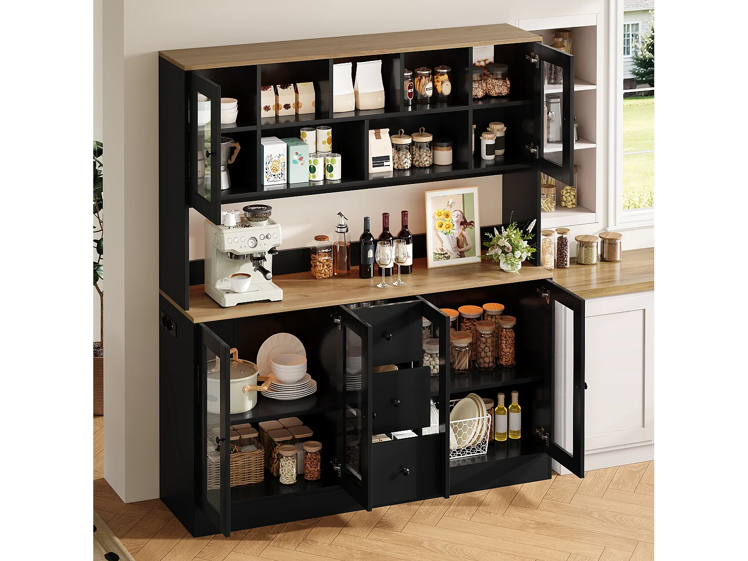 Keukendressoir met 3 lades, 6 deuren, RGB LED-verlichting, stopcontacten en USB-poorten - MDF en spaanplaat - 150 x 40 x 173 cm - Zwart