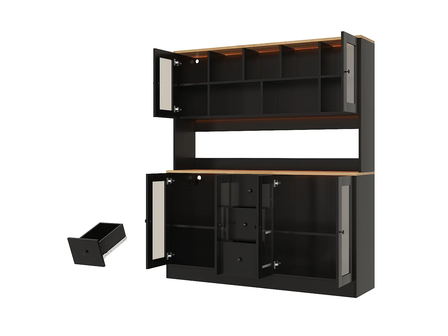 Keukendressoir met 3 lades, 6 deuren, RGB LED-verlichting, stopcontacten en USB-poorten - MDF en spaanplaat - 150 x 40 x 173 cm - Zwart