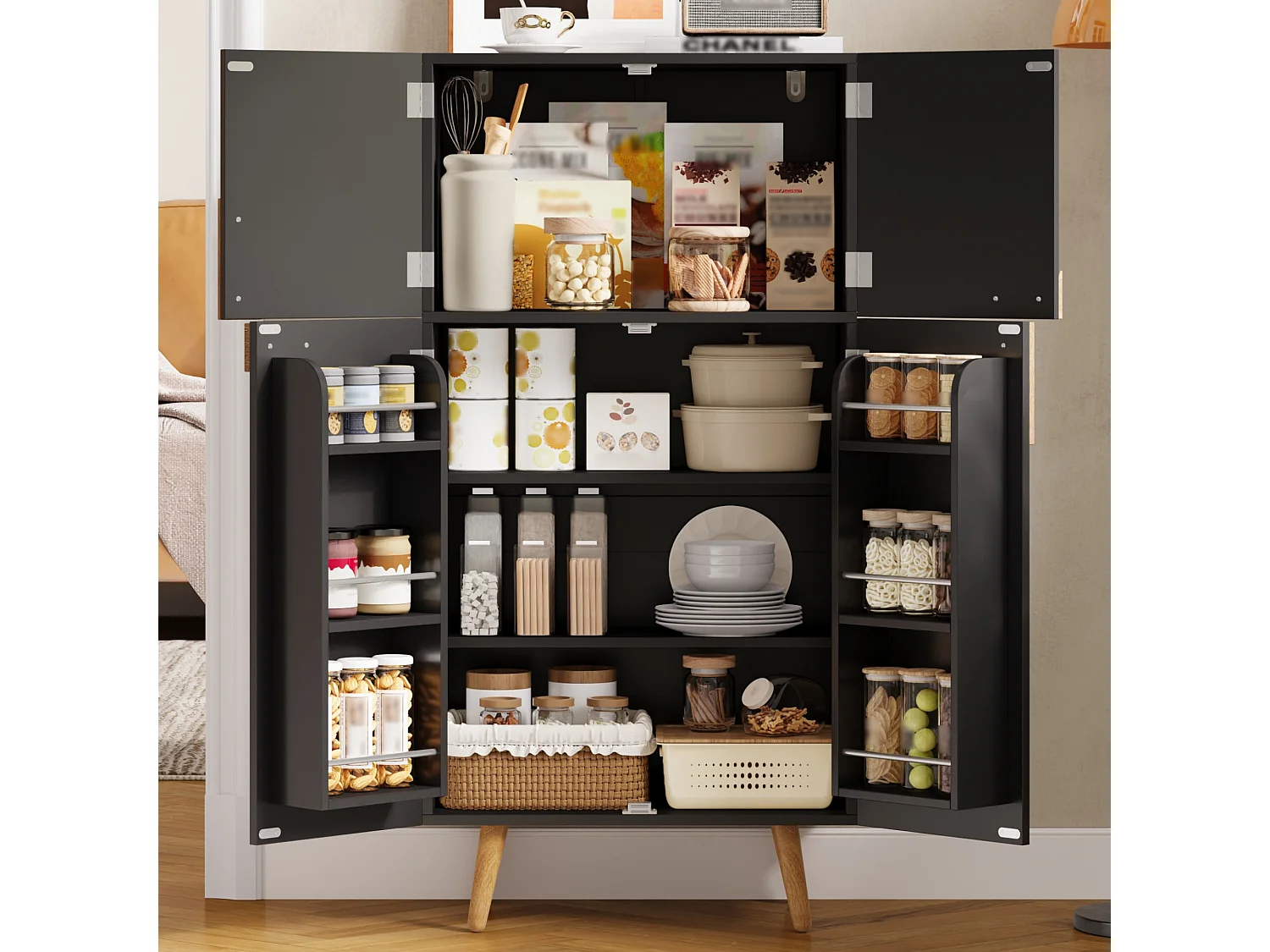 Armoire de cuisine avec étagères réglables et 4 portes - MDF - 60 x 35 x 120 cm - Noir