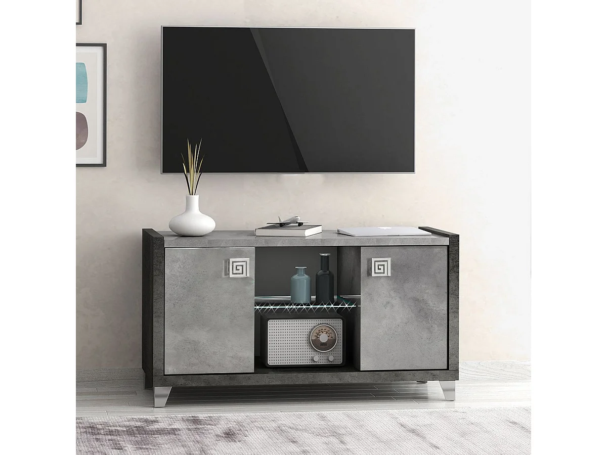 Meuble TV 2 Portes 105cm aspect béton ciré 2 tons éclairage Led - HAMPTON