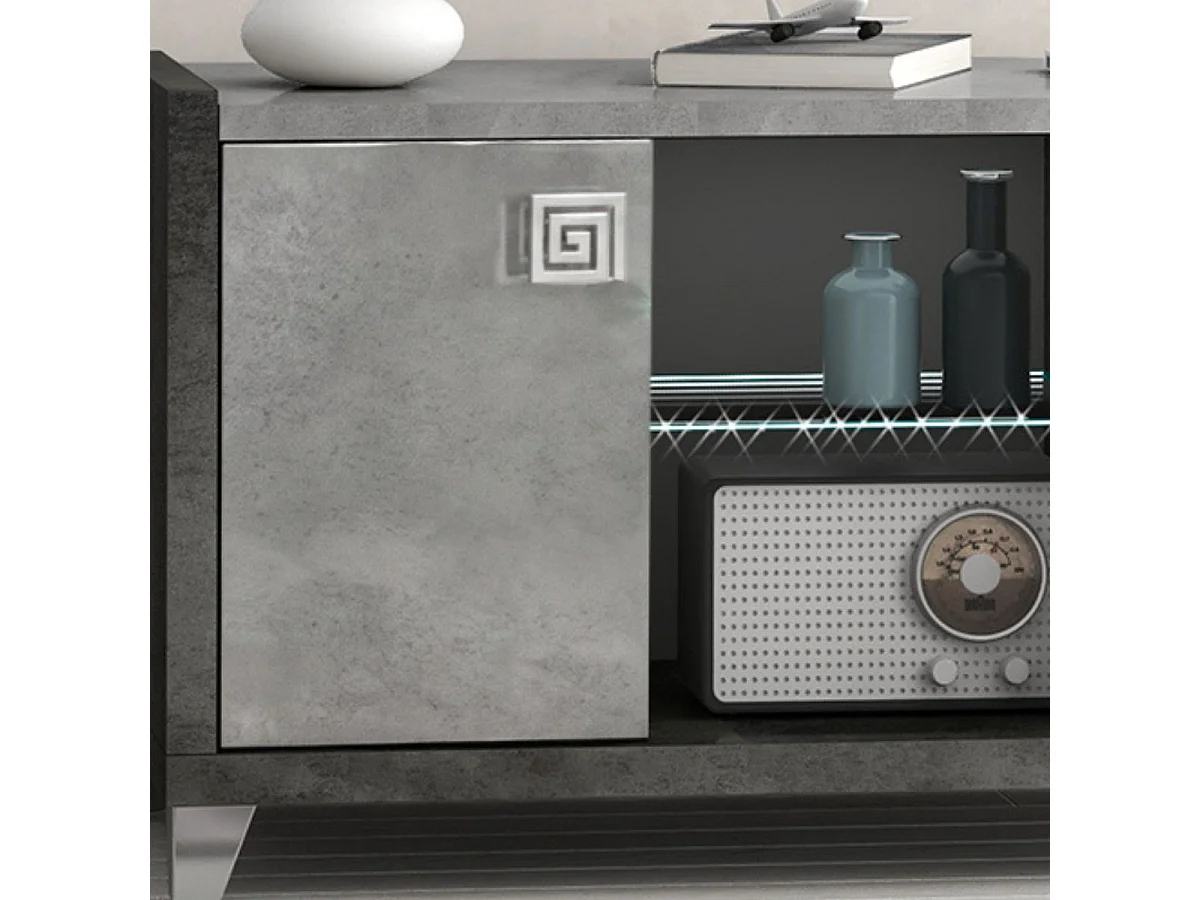 Meuble TV 2 Portes 105cm aspect béton ciré 2 tons éclairage Led - HAMPTON