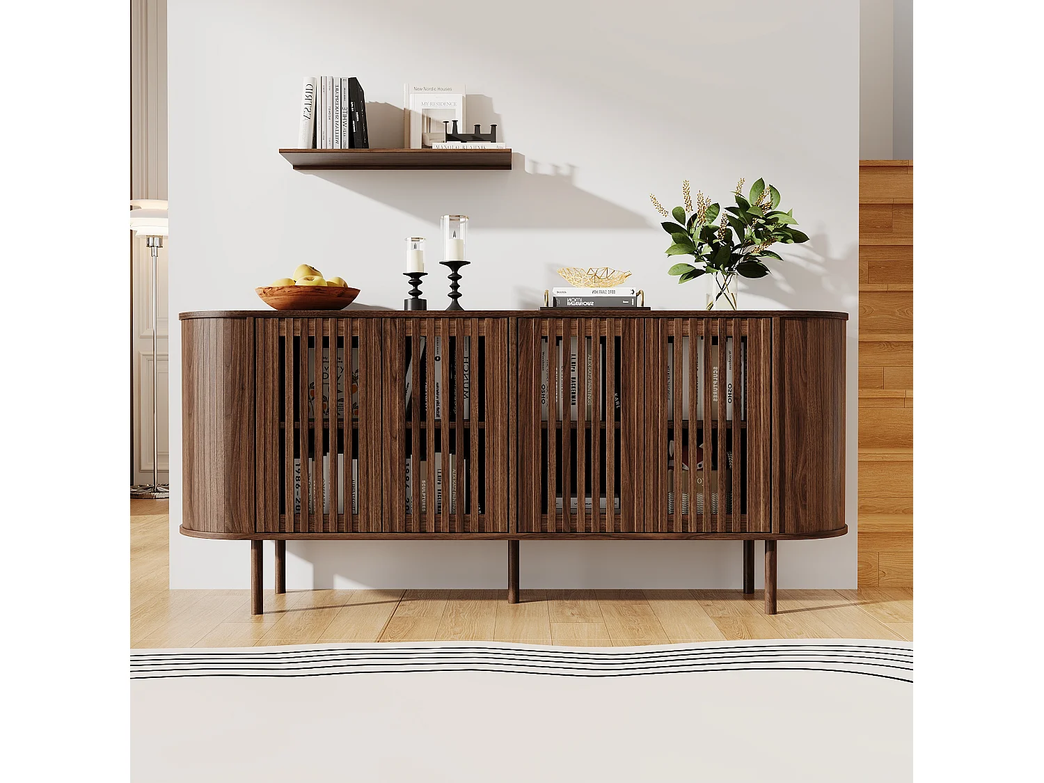 Komoda z 4 perforowanymi drzwiami przesuwnymi, regulowanymi półkami i metalowymi nogami - MDF - 160 x 40 x 70 cm - Orzech