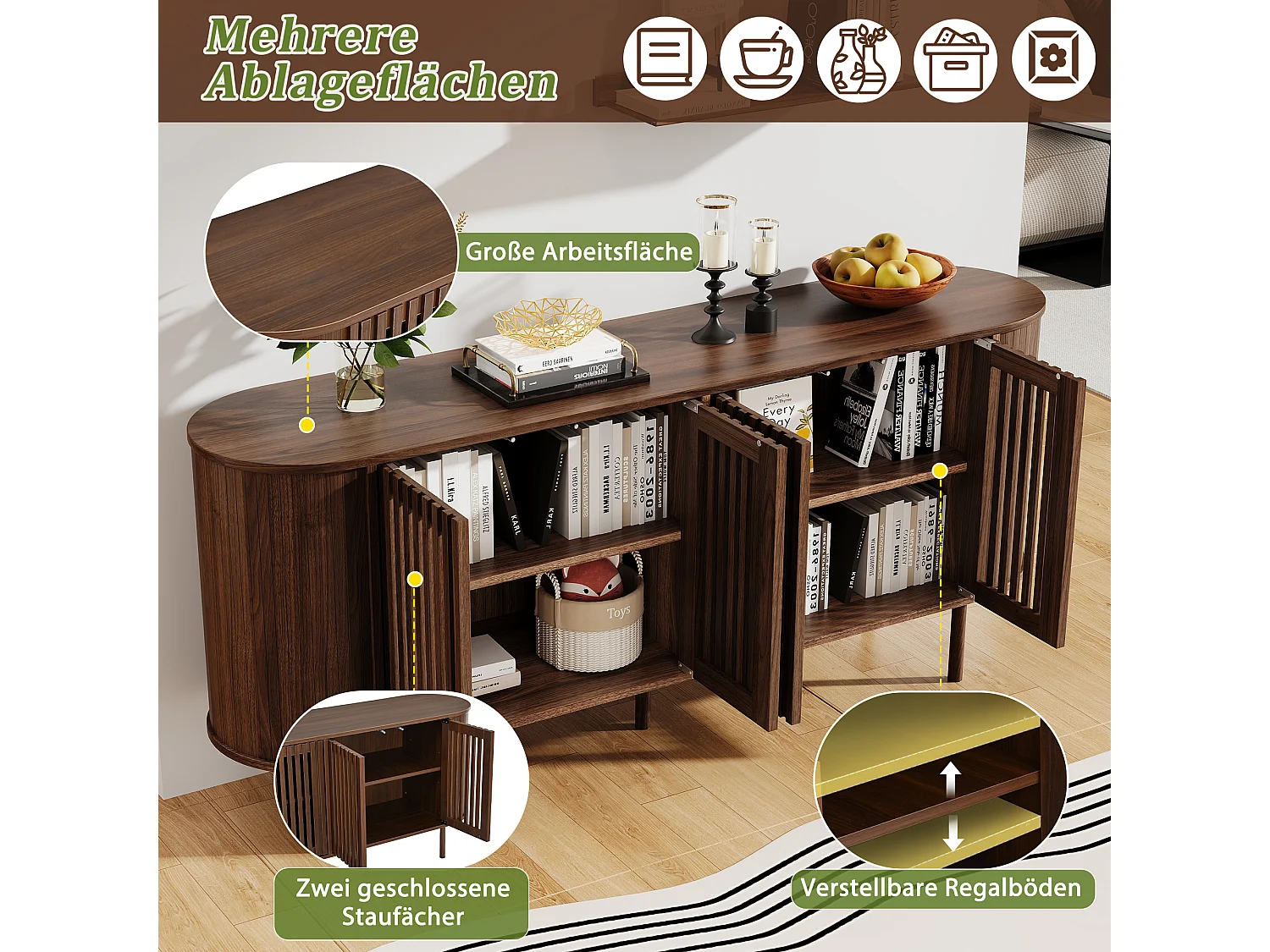 Komoda z 4 perforowanymi drzwiami przesuwnymi, regulowanymi półkami i metalowymi nogami - MDF - 160 x 40 x 70 cm - Orzech