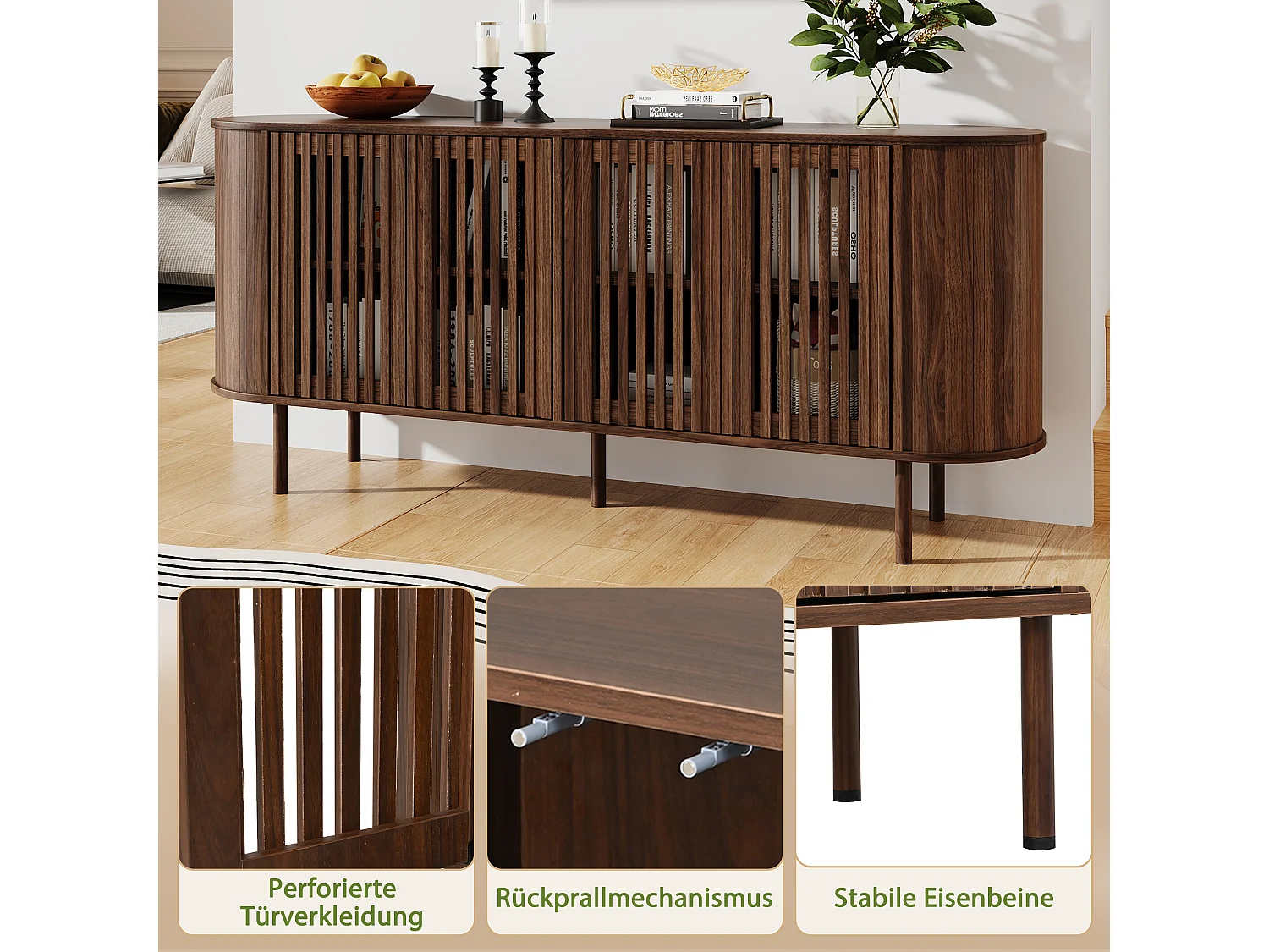 Komoda z 4 perforowanymi drzwiami przesuwnymi, regulowanymi półkami i metalowymi nogami - MDF - 160 x 40 x 70 cm - Orzech