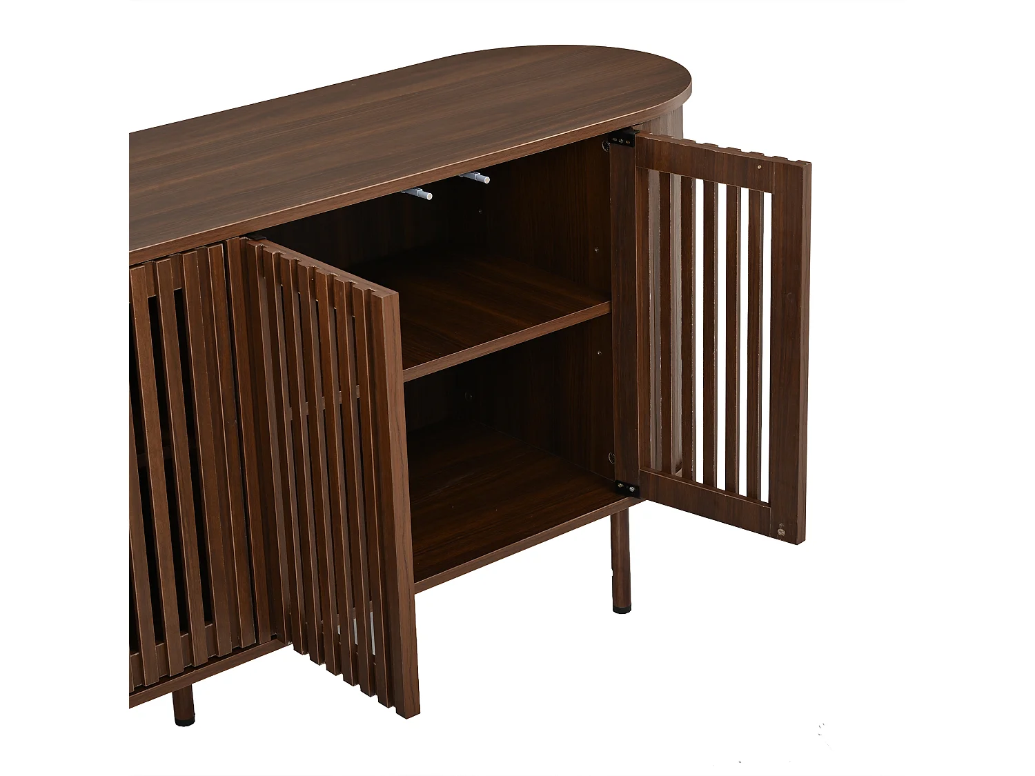 Komoda z 4 perforowanymi drzwiami przesuwnymi, regulowanymi półkami i metalowymi nogami - MDF - 160 x 40 x 70 cm - Orzech
