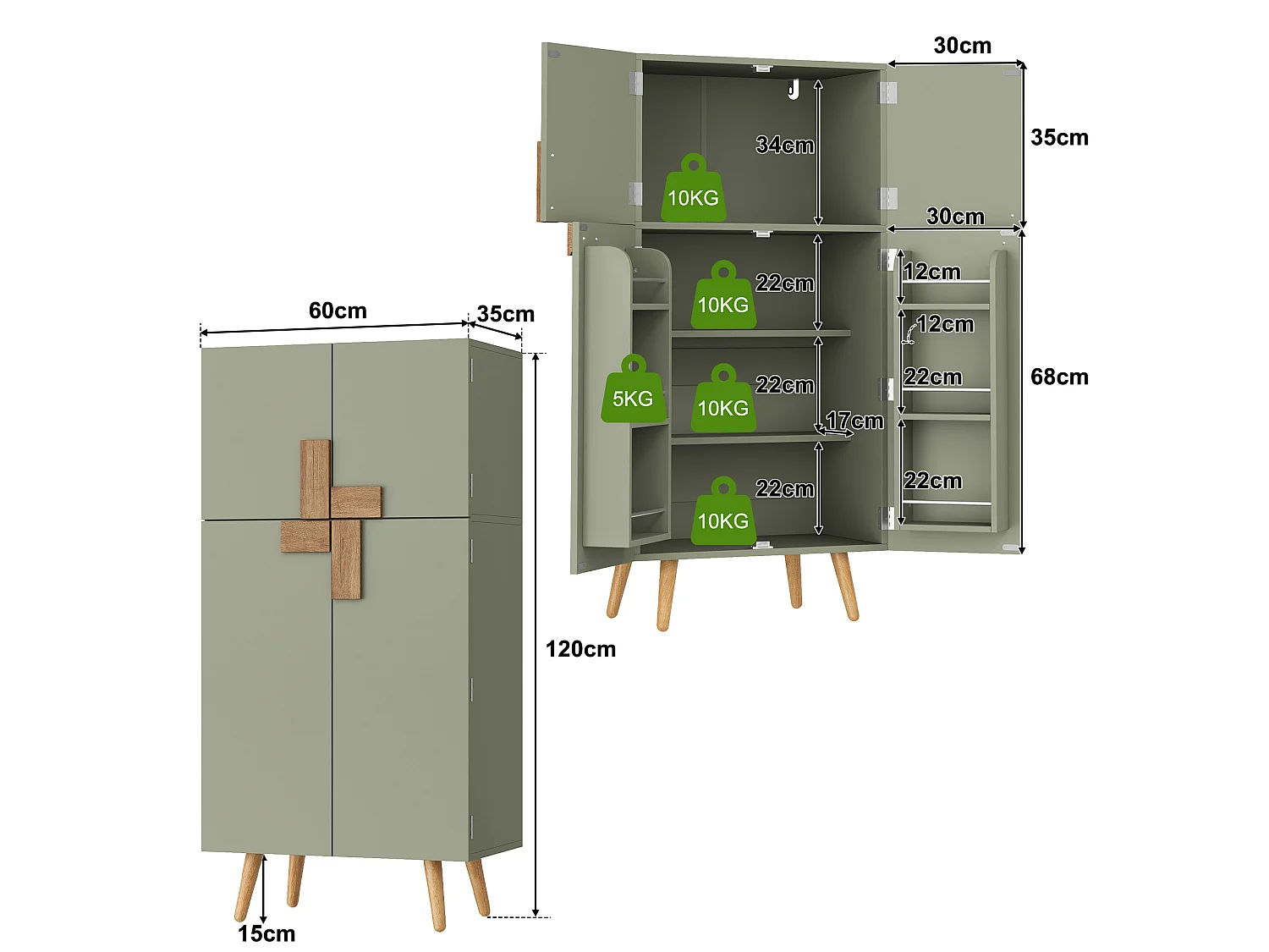 Küchenschrank mit verstellbaren Einlegeböden und 4 Türen – MDF – 60 x 35 x 120 cm – Grün