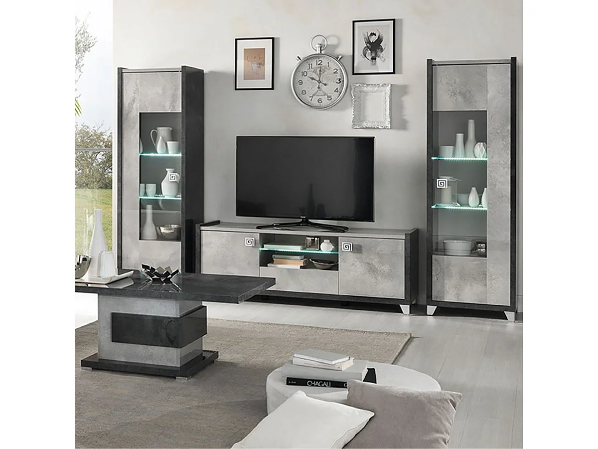Meuble TV 2 Portes 160cm aspect béton ciré 2 tons éclairage Led - HAMPTON