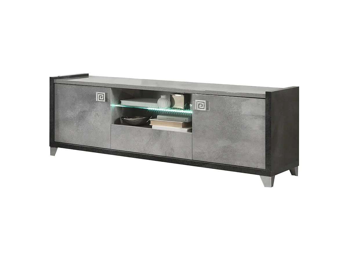 Meuble TV 2 Portes 160cm aspect béton ciré 2 tons éclairage Led - HAMPTON