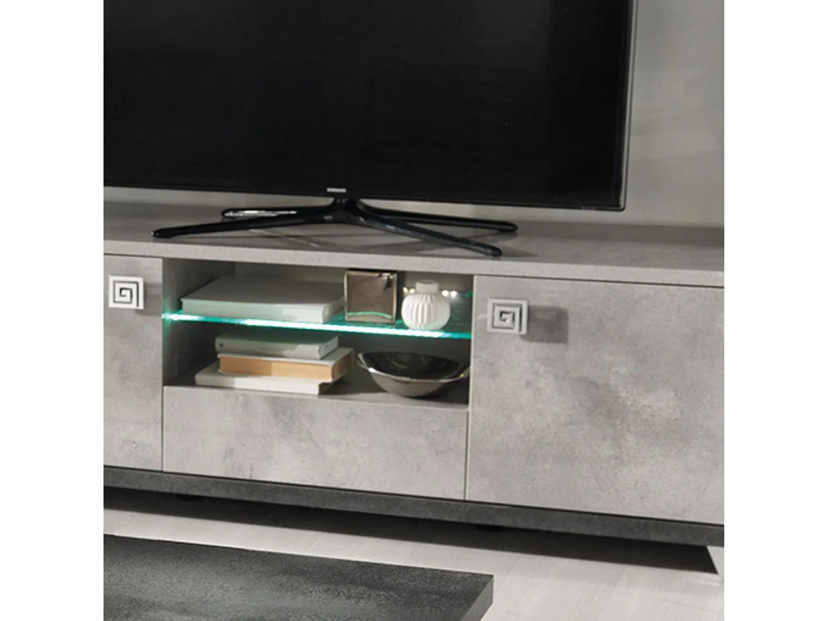 Meuble TV 2 Portes 160cm aspect béton ciré 2 tons éclairage Led - HAMPTON