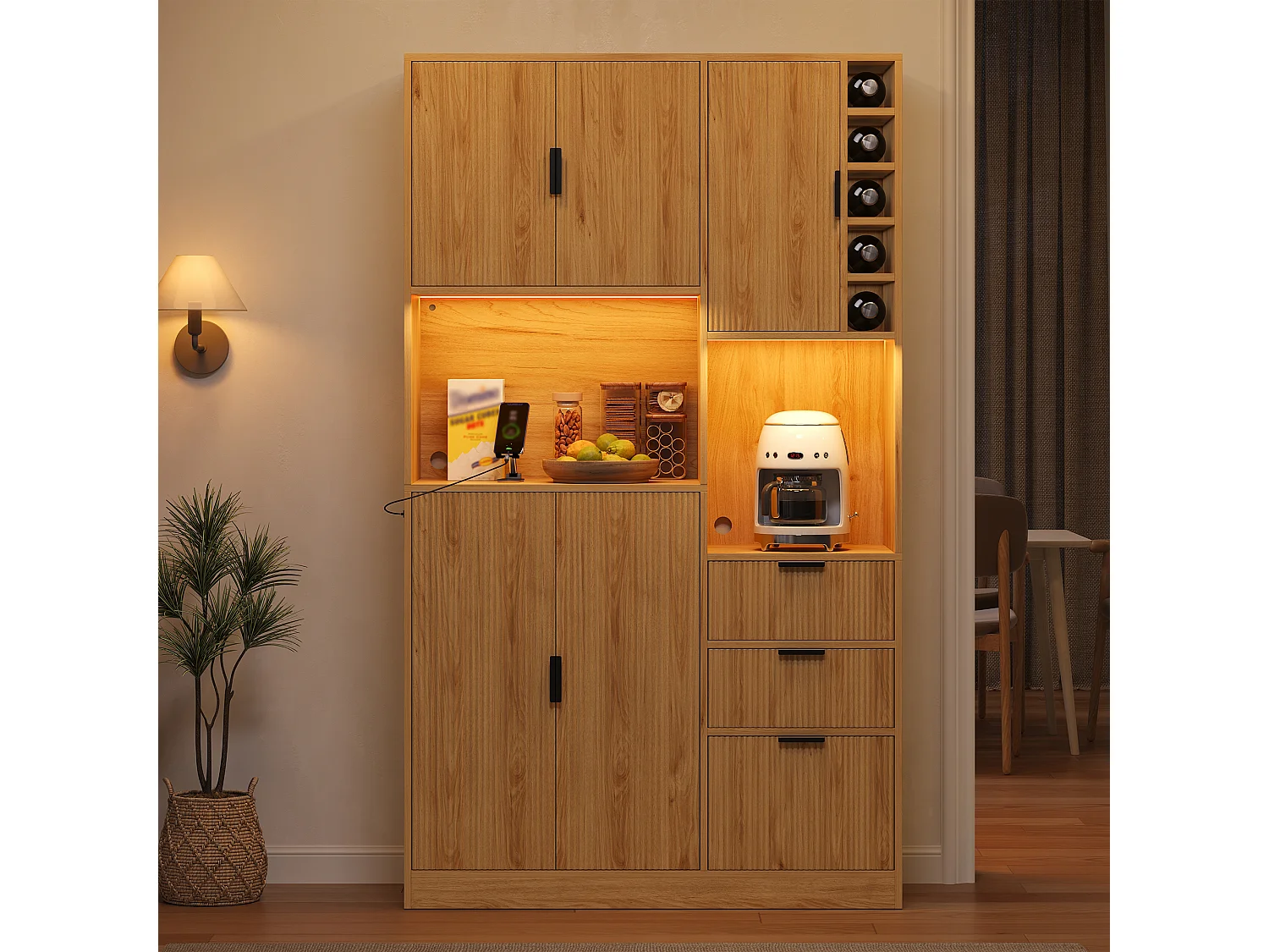 Kitchen sideboard with LED lighting, 3 drawers, 5 doors, wine rack, power outlets, USB and USB-C ports - Particleboard - 105 x 40 x 180 cm - Natural