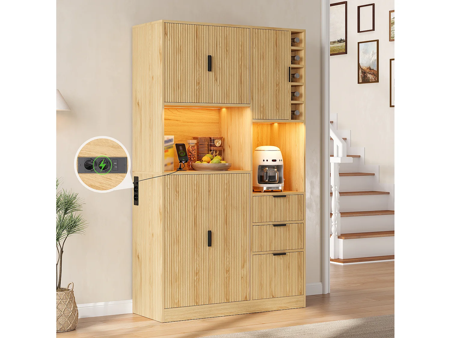 Kitchen sideboard with LED lighting, 3 drawers, 5 doors, wine rack, power outlets, USB and USB-C ports - Particleboard - 105 x 40 x 180 cm - Natural