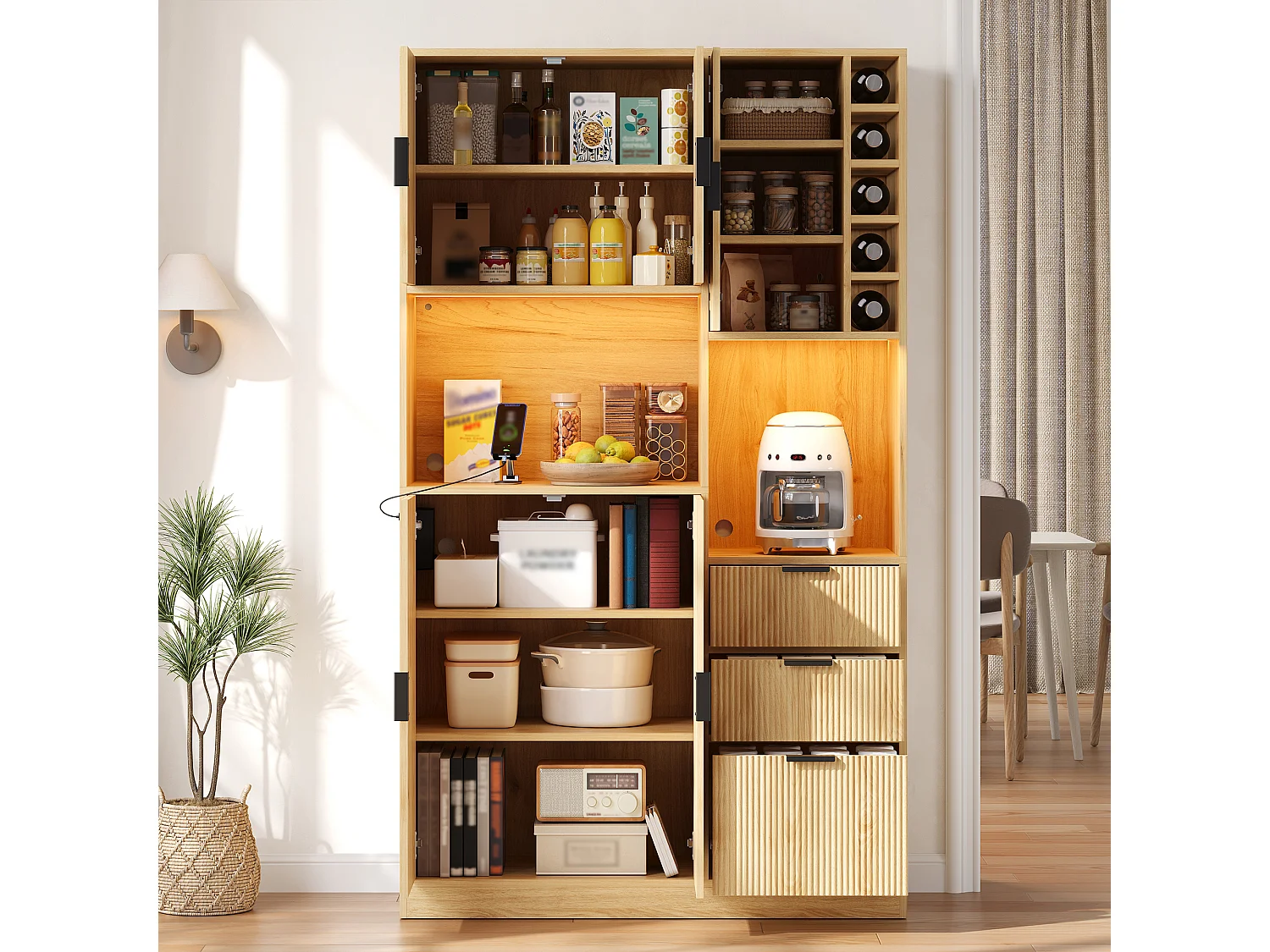 Kitchen sideboard with LED lighting, 3 drawers, 5 doors, wine rack, power outlets, USB and USB-C ports - Particleboard - 105 x 40 x 180 cm - Natural