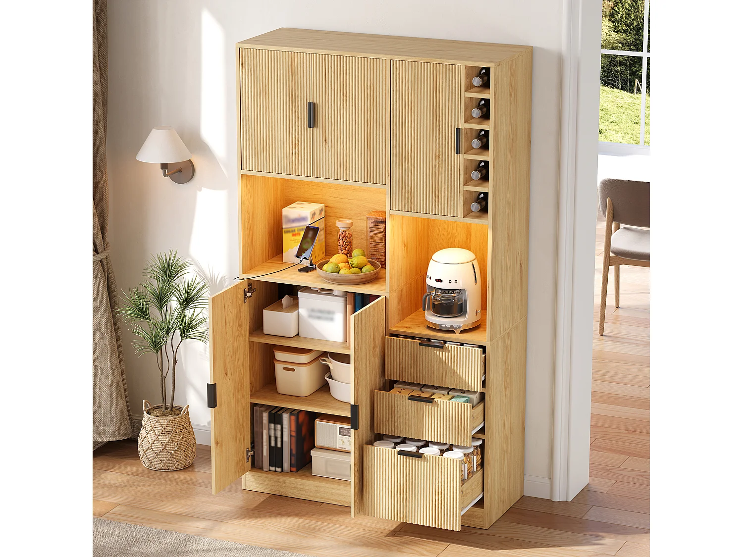Kitchen sideboard with LED lighting, 3 drawers, 5 doors, wine rack, power outlets, USB and USB-C ports - Particleboard - 105 x 40 x 180 cm - Natural