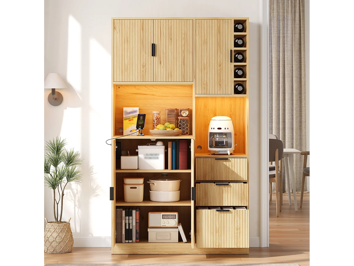 Kitchen sideboard with LED lighting, 3 drawers, 5 doors, wine rack, power outlets, USB and USB-C ports - Particleboard - 105 x 40 x 180 cm - Natural