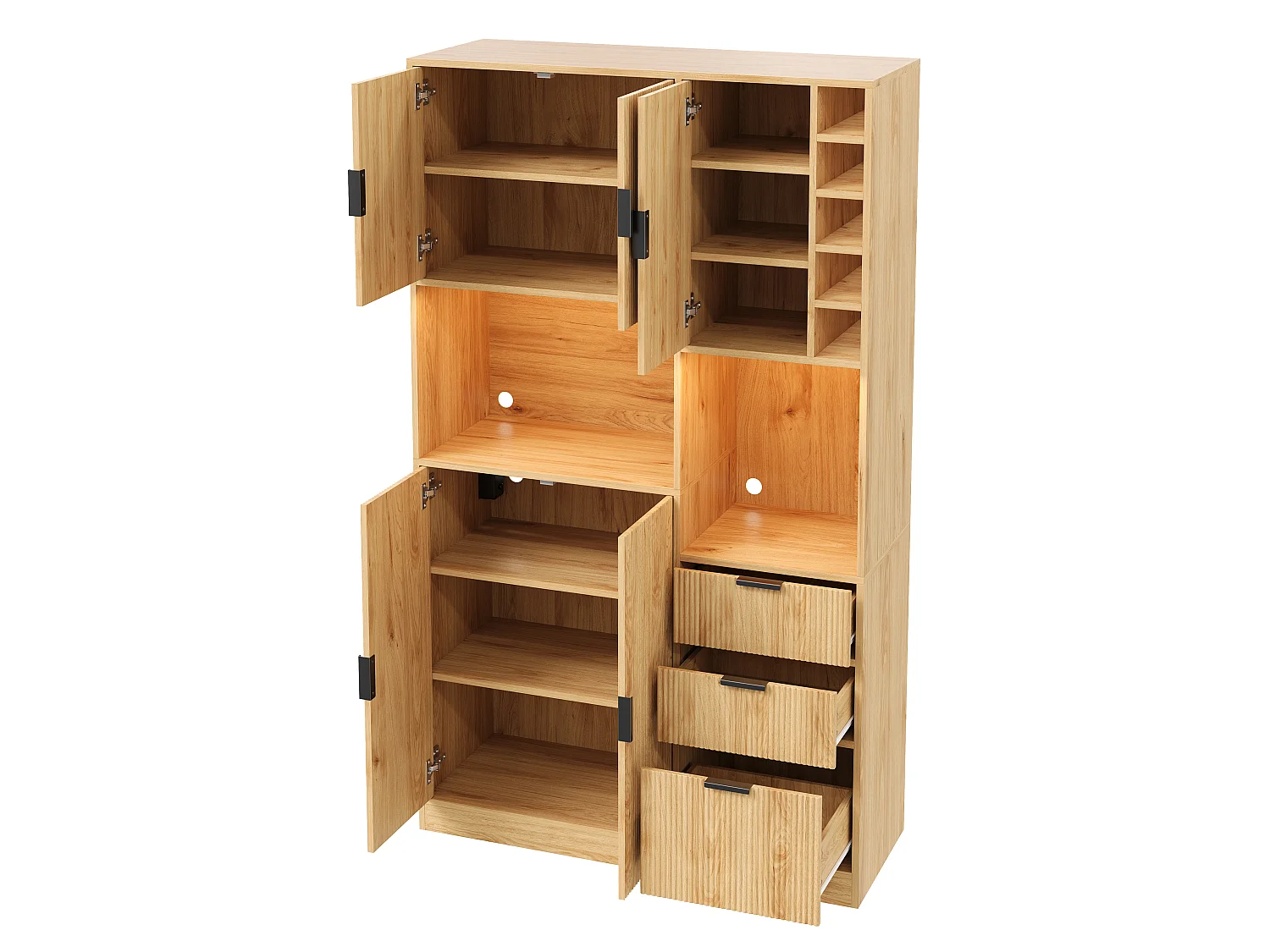 Kitchen sideboard with LED lighting, 3 drawers, 5 doors, wine rack, power outlets, USB and USB-C ports - Particleboard - 105 x 40 x 180 cm - Natural