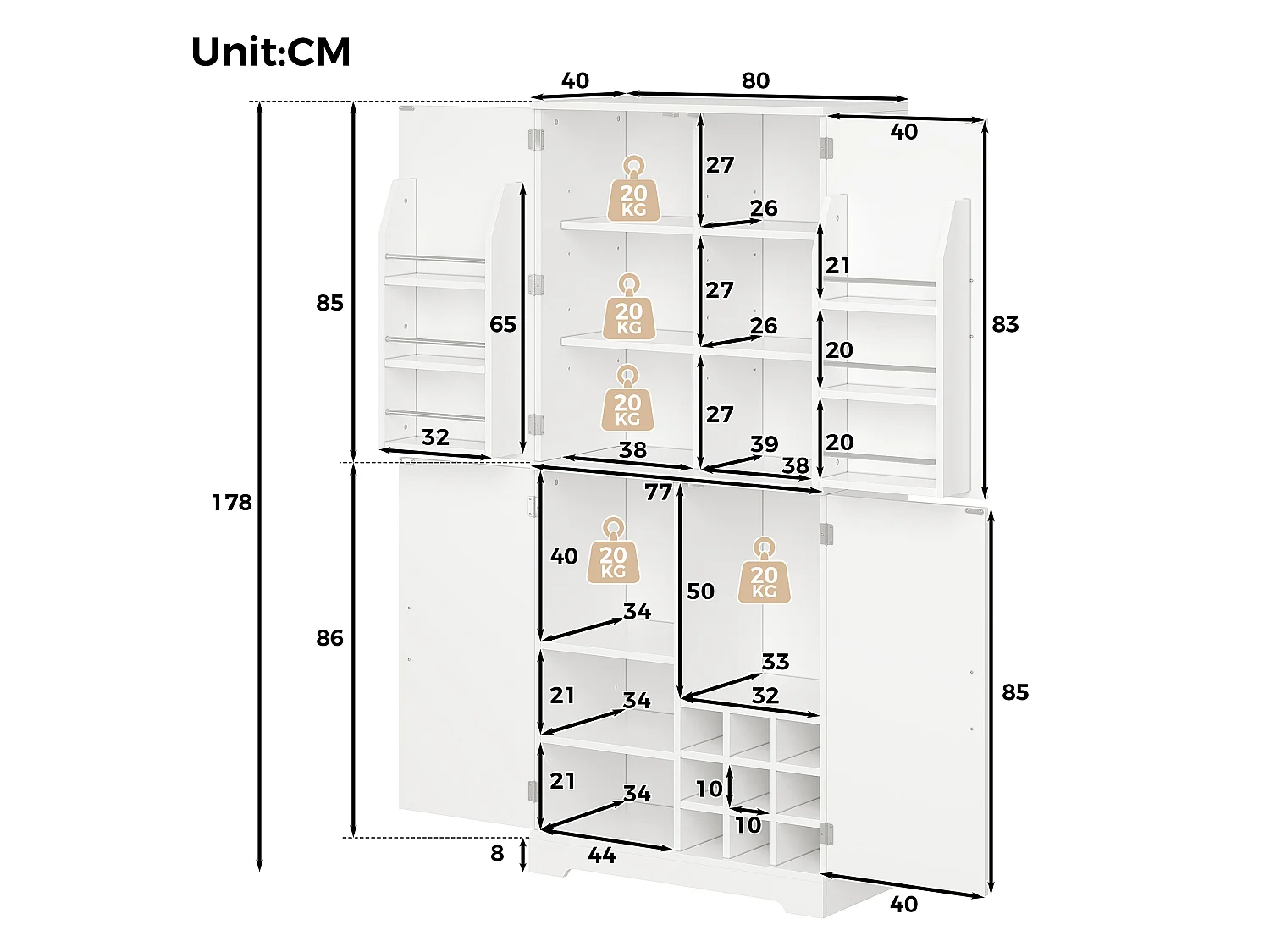4-door kitchen cabinet with wine racks and adjustable shelves - MDF - 80 x 40 x 178 cm - White