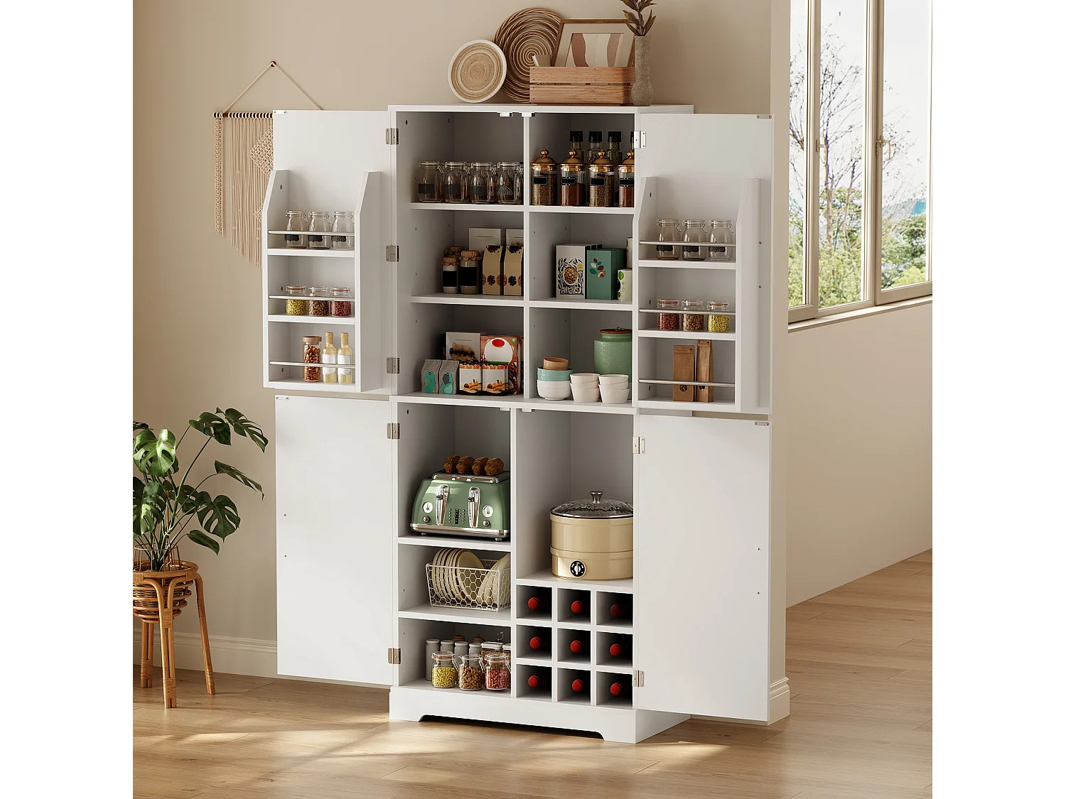 4-door kitchen cabinet with wine racks and adjustable shelves - MDF - 80 x 40 x 178 cm - White