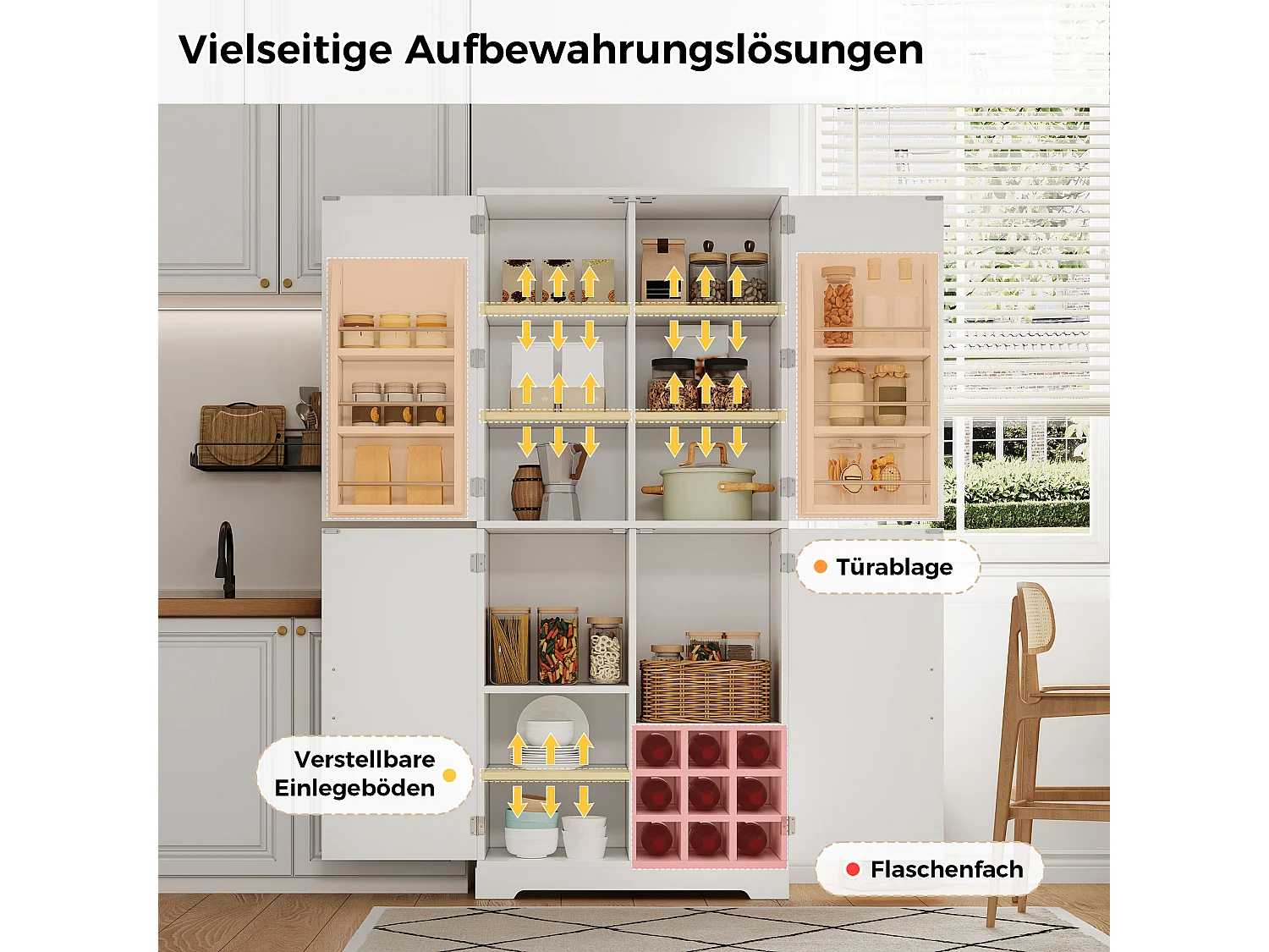 4-door kitchen cabinet with wine racks and adjustable shelves - MDF - 80 x 40 x 178 cm - White