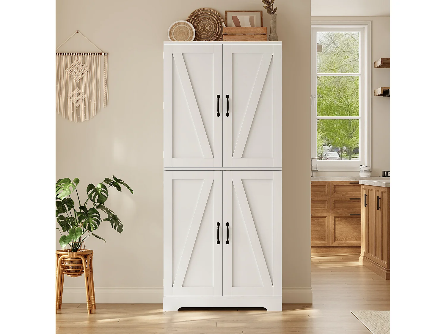 4-door kitchen cabinet with wine racks and adjustable shelves - MDF - 80 x 40 x 178 cm - White