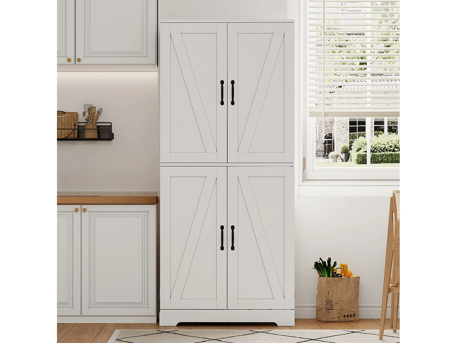 4-door kitchen cabinet with wine racks and adjustable shelves - MDF - 80 x 40 x 178 cm - White