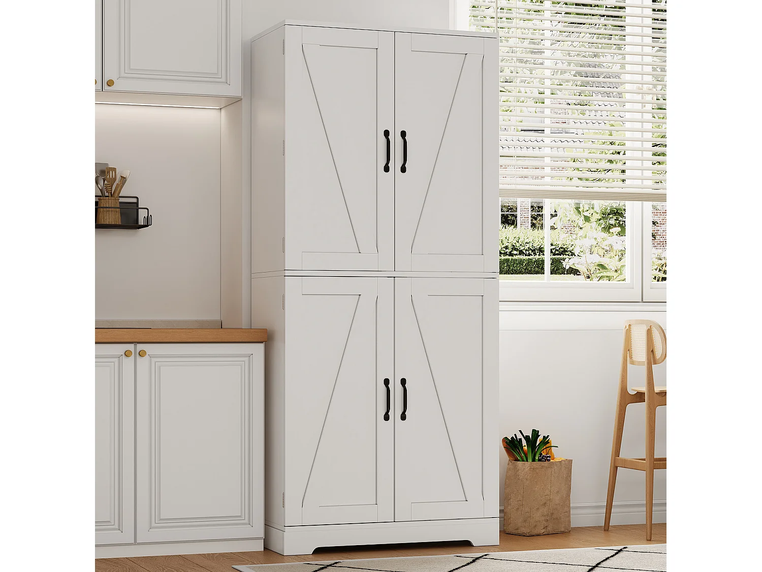 4-door kitchen cabinet with wine racks and adjustable shelves - MDF - 80 x 40 x 178 cm - White