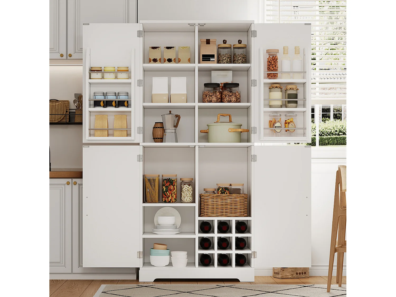 4-door kitchen cabinet with wine racks and adjustable shelves - MDF - 80 x 40 x 178 cm - White