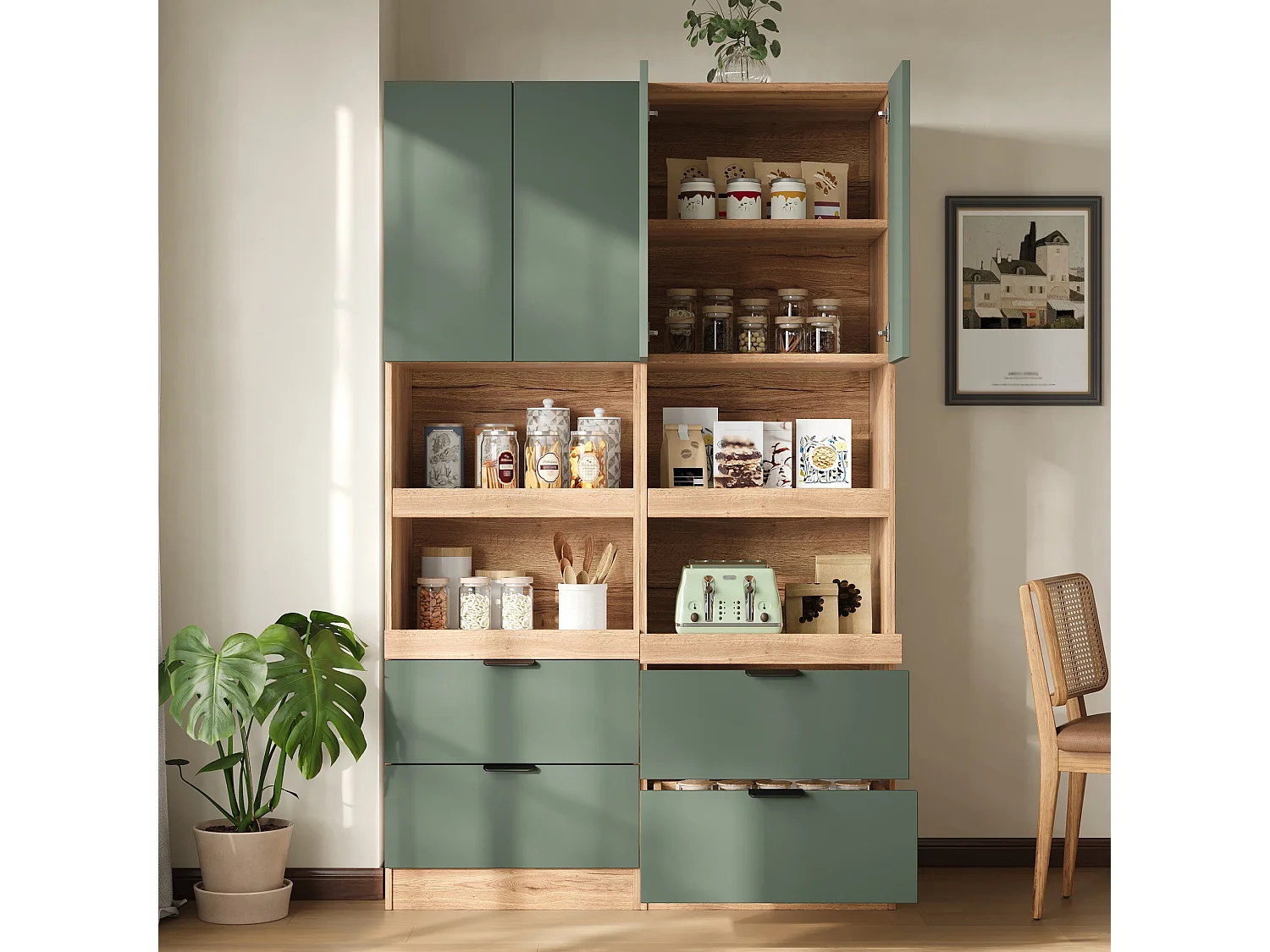 Tall kitchen sideboard with 2 drawers, 2 doors, 2 sliding shelves and cupboard - MDF - 60 x 45 x 200 cm - Green
