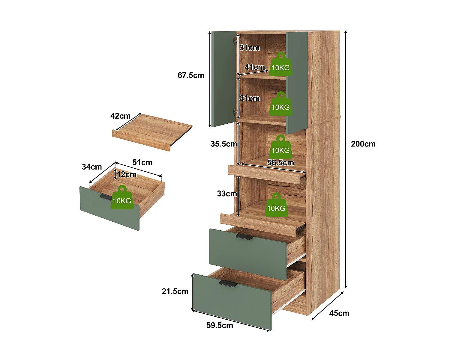 Tall kitchen sideboard with 2 drawers, 2 doors, 2 sliding shelves and cupboard - MDF - 60 x 45 x 200 cm - Green