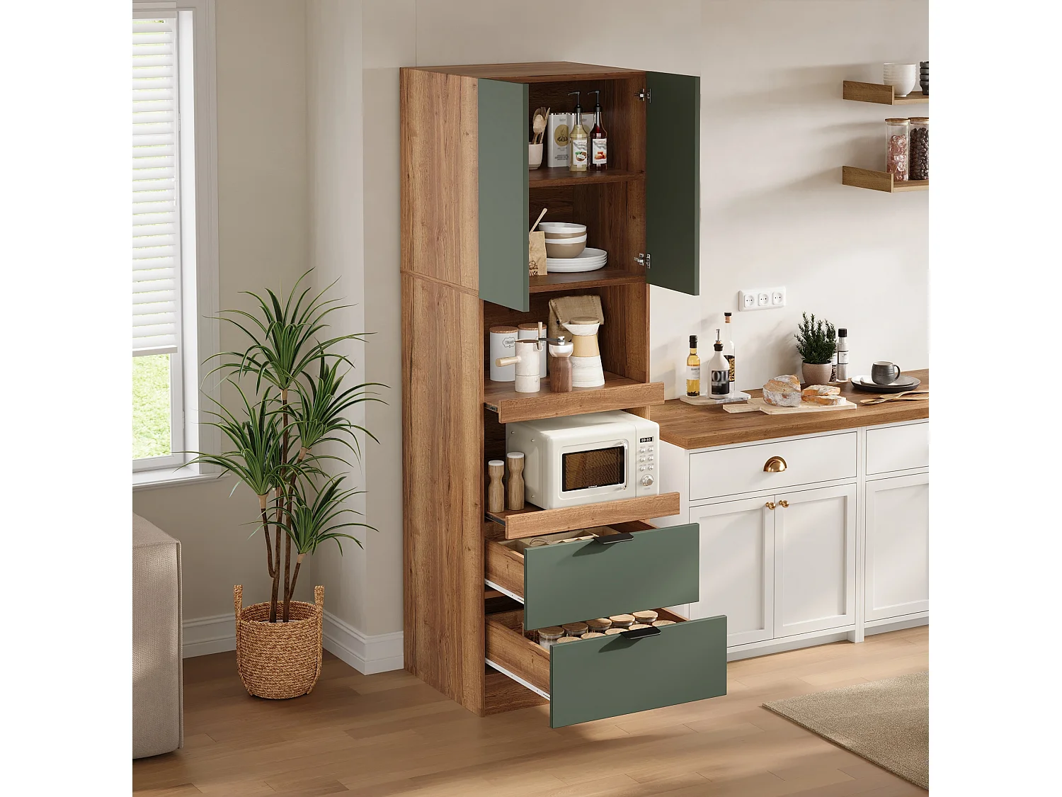 Tall kitchen sideboard with 2 drawers, 2 doors, 2 sliding shelves and cupboard - MDF - 60 x 45 x 200 cm - Green