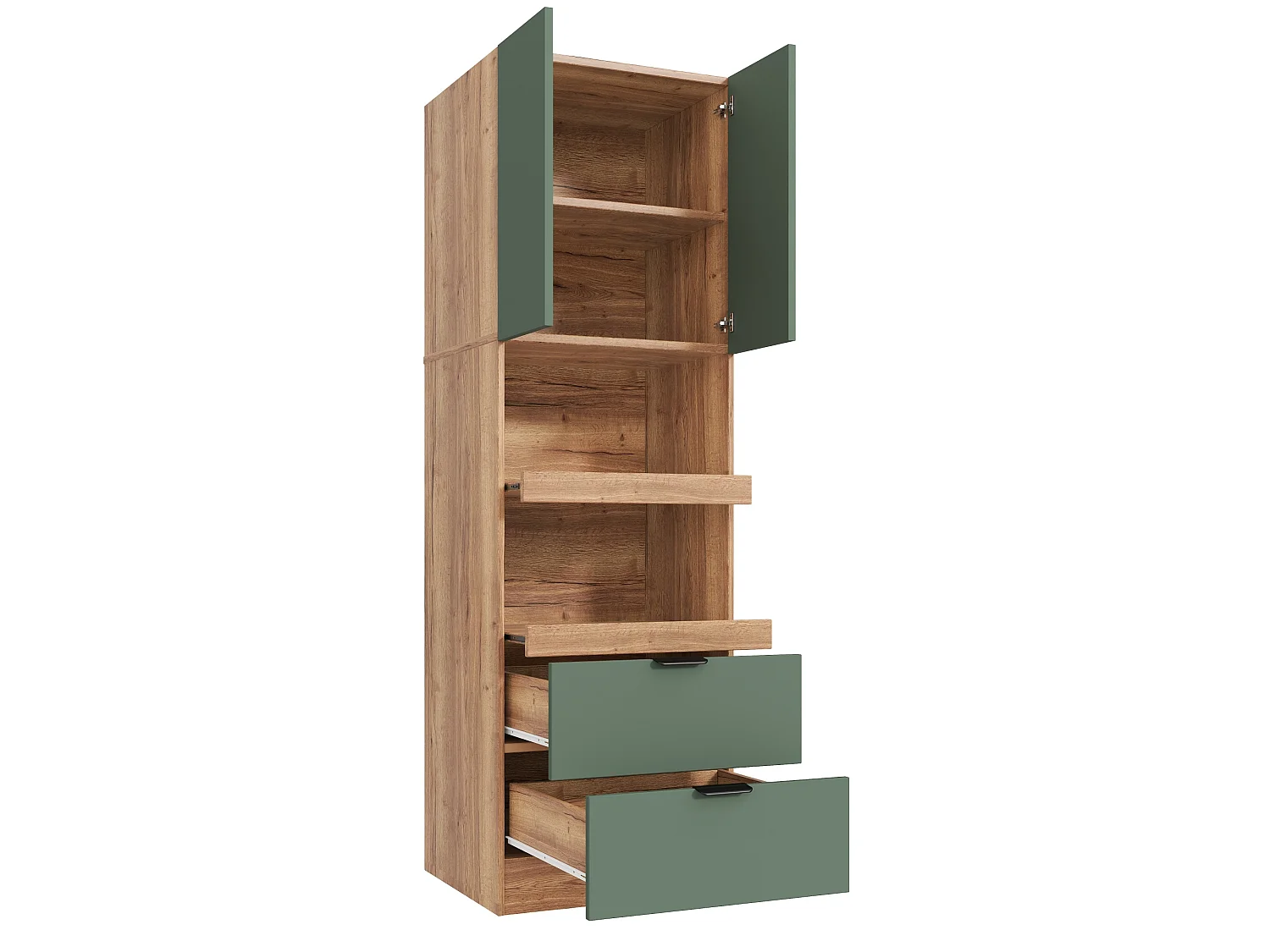 Tall kitchen sideboard with 2 drawers, 2 doors, 2 sliding shelves and cupboard - MDF - 60 x 45 x 200 cm - Green