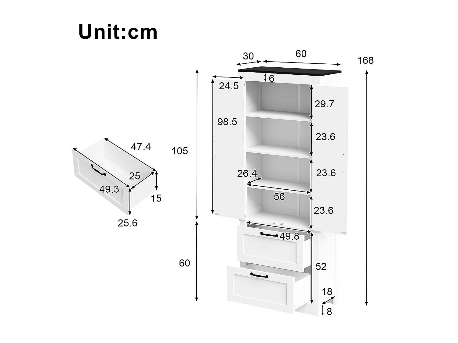 Kitchen cabinet with 2 doors and 2 drawers with adjustable shelves - MDF and particleboard - 60 x 30 x 168 cm - White
