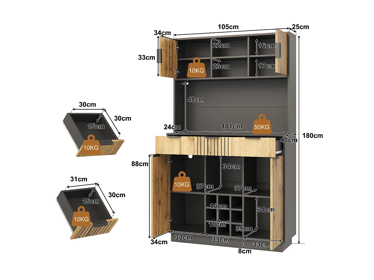 Køkkenskænk med 3 skuffer, 4 døre, vinreoler, RGB LED-belysning, stikkontakter og USB-porte - MDF - 105 x 40 x 180 cm - Natur + sort
