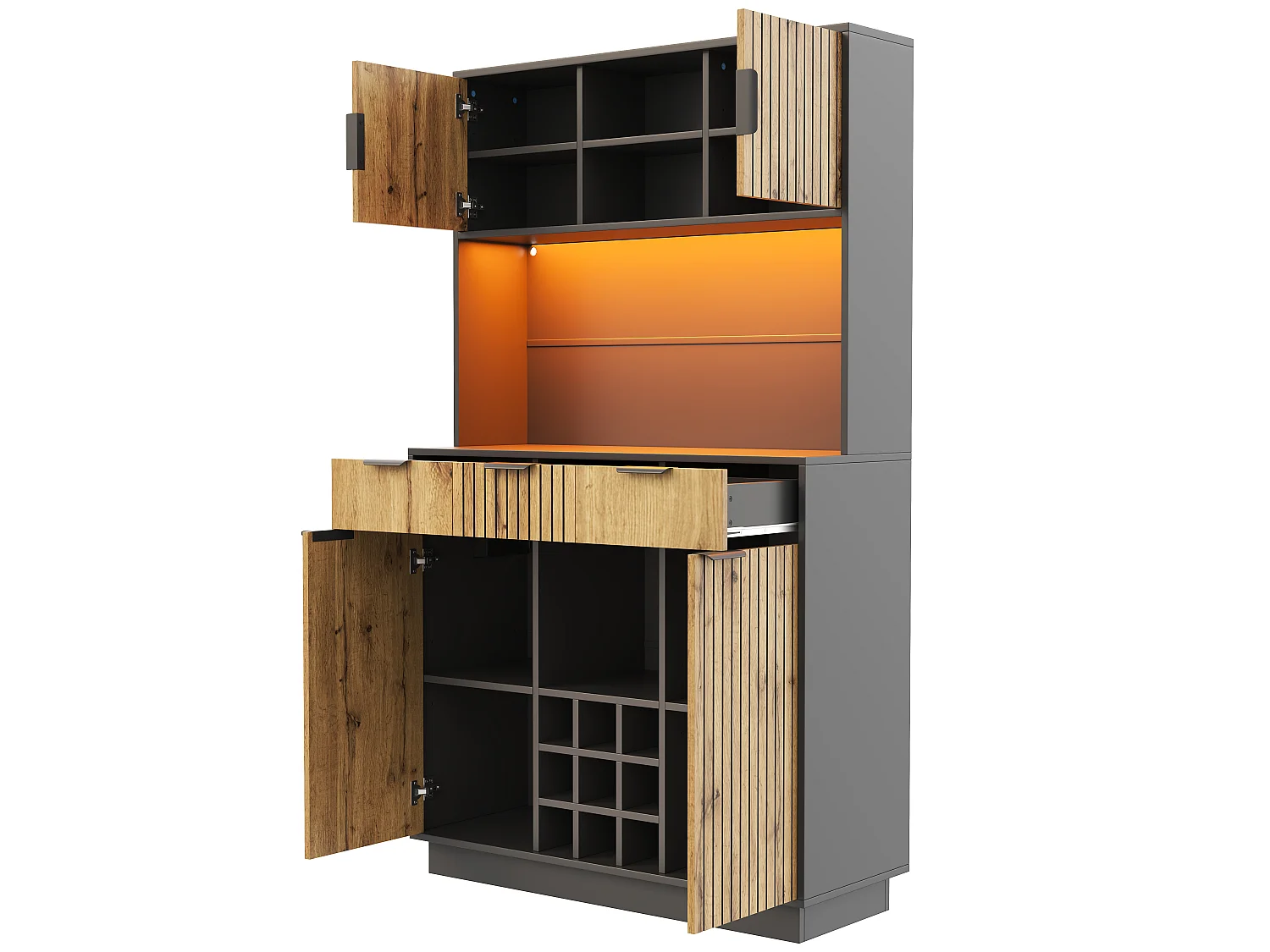 Køkkenskænk med 3 skuffer, 4 døre, vinreoler, RGB LED-belysning, stikkontakter og USB-porte - MDF - 105 x 40 x 180 cm - Natur + sort