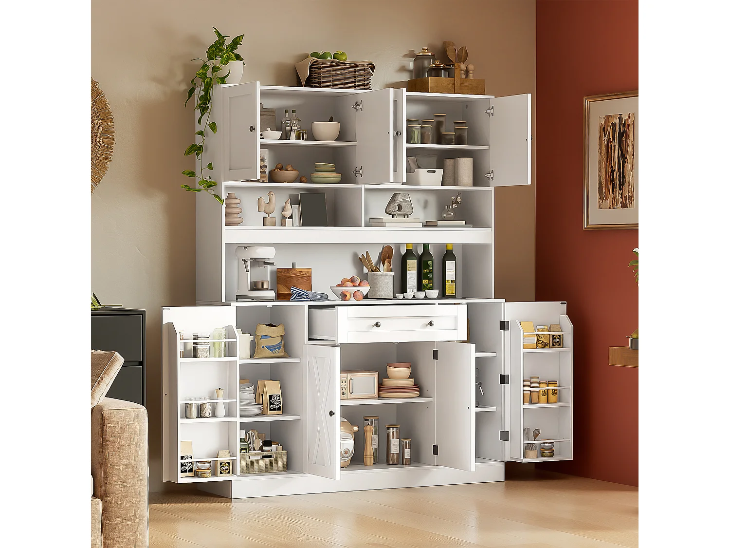 Kitchen sideboard with 1 drawer, adjustable shelves and 8 doors - MDF - 140 x 40 x 185 cm - Matte white