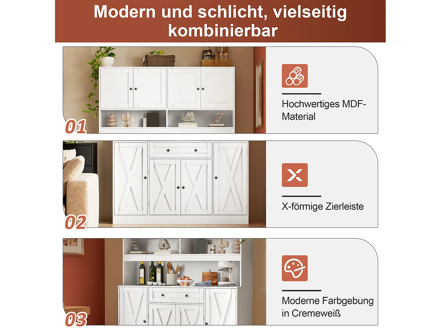 Kitchen sideboard with 1 drawer, adjustable shelves and 8 doors - MDF - 140 x 40 x 185 cm - Matte white