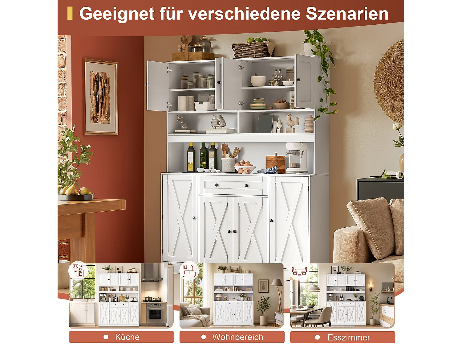 Kitchen sideboard with 1 drawer, adjustable shelves and 8 doors - MDF - 140 x 40 x 185 cm - Matte white