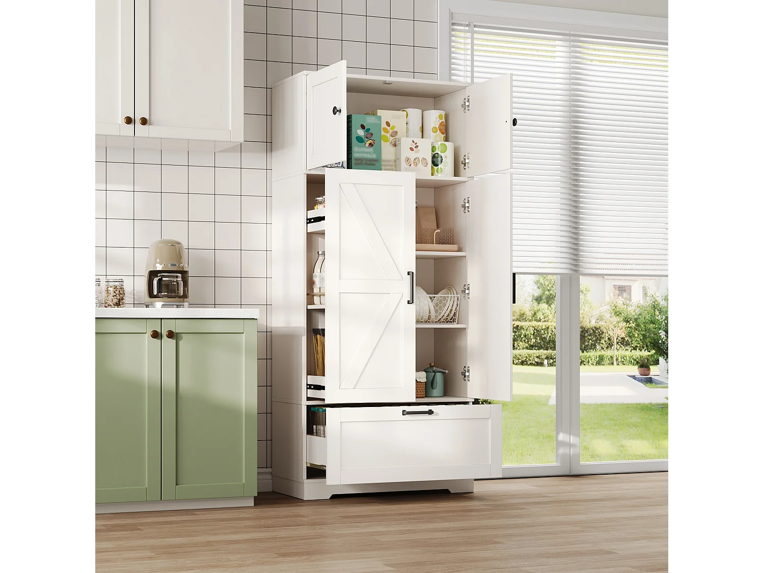 Kitchen cabinet with 2 drawers, 3 doors and adjustable shelves - Country style - MDF - 80 x 35 x 180 cm - White