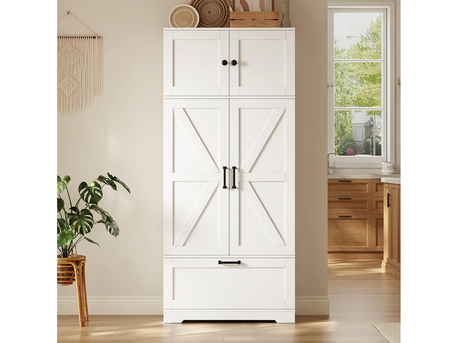 Kitchen cabinet with 2 drawers, 3 doors and adjustable shelves - Country style - MDF - 80 x 35 x 180 cm - White